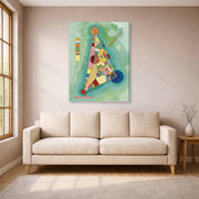 Gallery-wrapped canvas print of Wassily Kandinsky's Bunt Im Dreieck (Bigarrure Dans Le Triangle) displayed on a wall in a living room