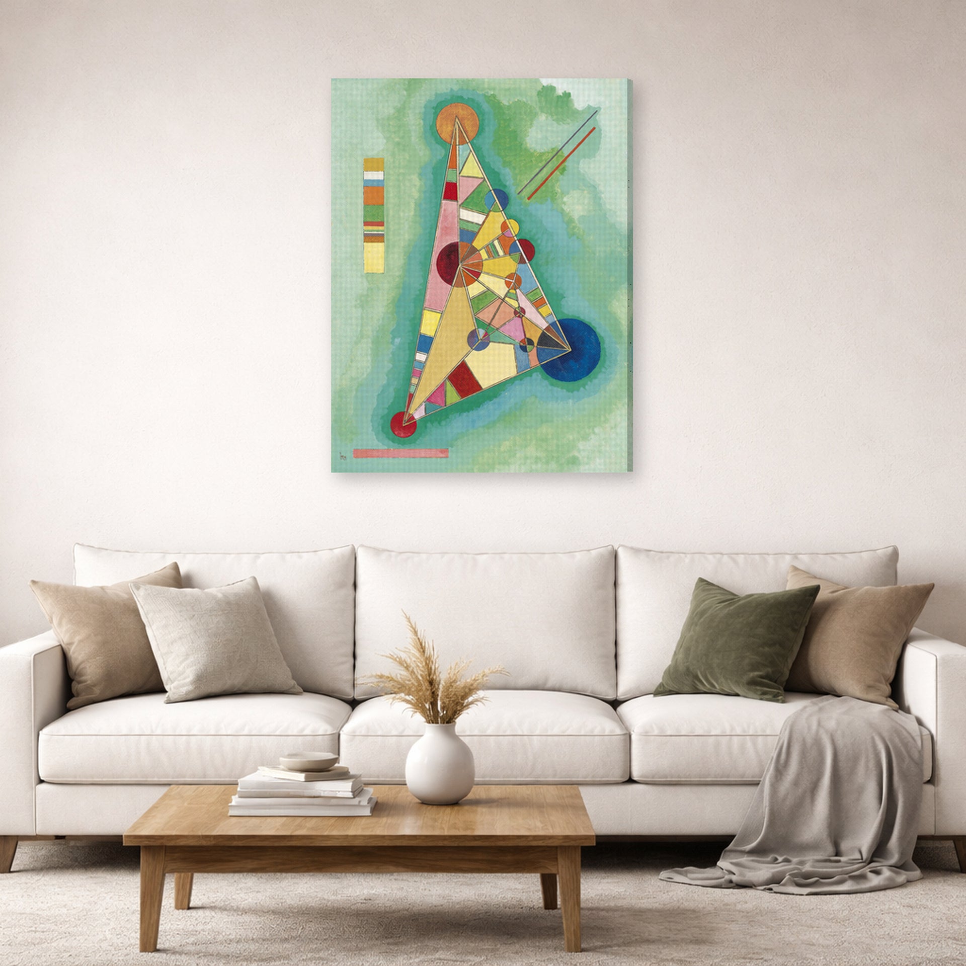 Gallery-wrapped canvas print of Wassily Kandinsky's Bunt Im Dreieck (Bigarrure Dans Le Triangle) displayed on a wall in a living room