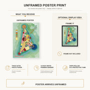 Wassily Kandinsky - Bunt Im Dreieck (Bigarrure Dans Le Triangle) poster print size comparison and framing display infographic