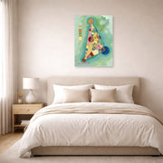 Unframed poster print of Wassily Kandinsky's Bunt Im Dreieck (Bigarrure Dans Le Triangle) displayed on a wall in a bedroom