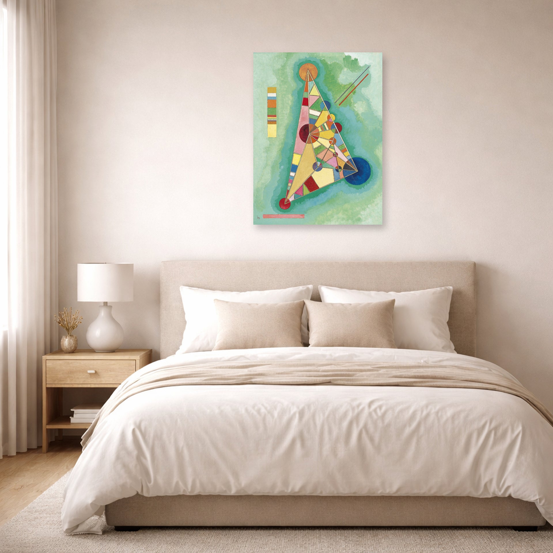Unframed poster print of Wassily Kandinsky's Bunt Im Dreieck (Bigarrure Dans Le Triangle) displayed on a wall in a bedroom