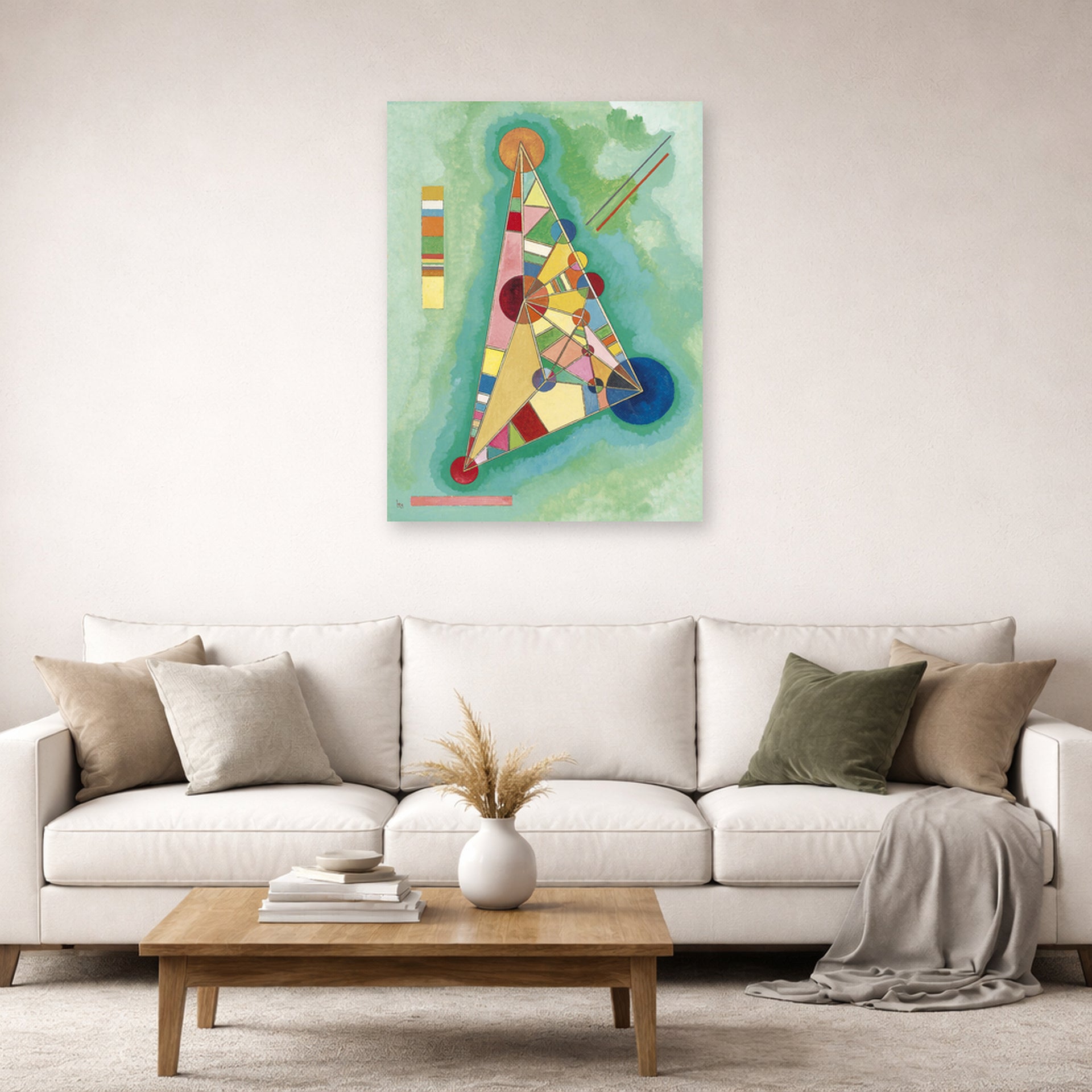 Unframed poster print of Wassily Kandinsky's Bunt Im Dreieck (Bigarrure Dans Le Triangle) displayed on a wall in a living room