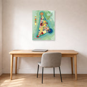 Unframed poster print of Wassily Kandinsky's Bunt Im Dreieck (Bigarrure Dans Le Triangle) displayed on a wall in an office