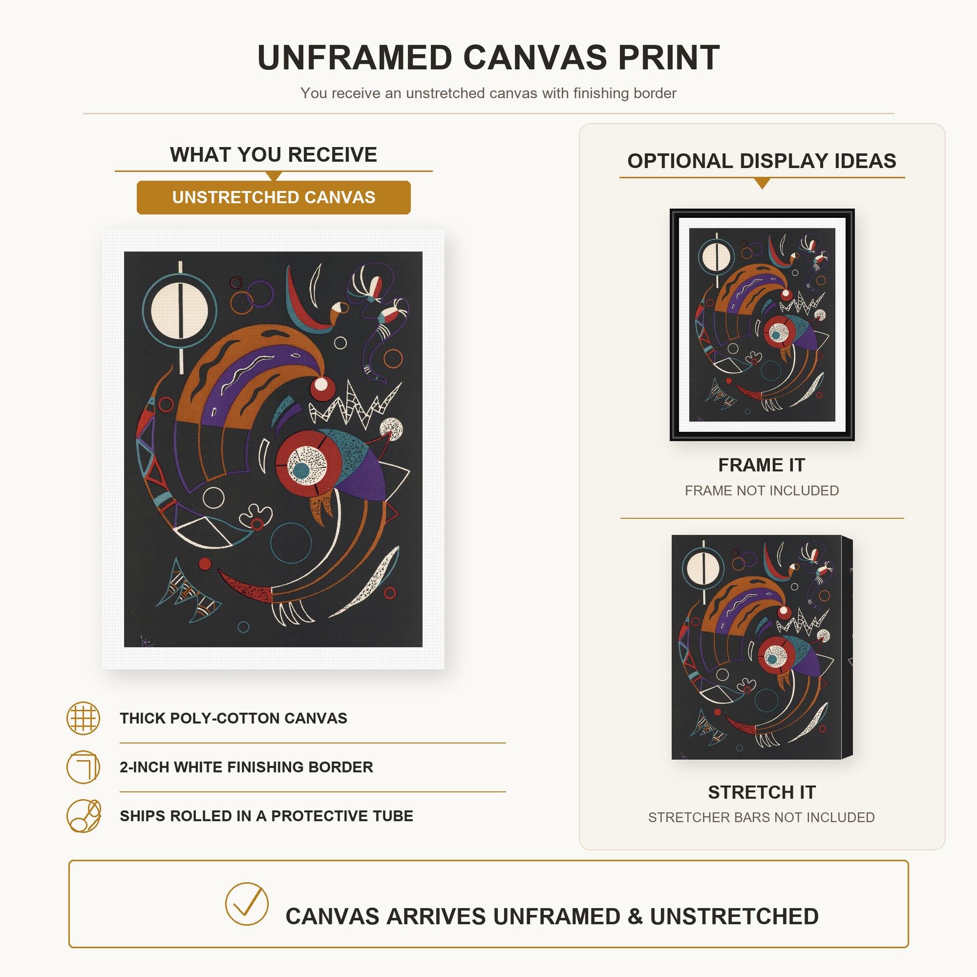 Wassily Kandinsky - Comets canvas print size comparison and framing display infographic