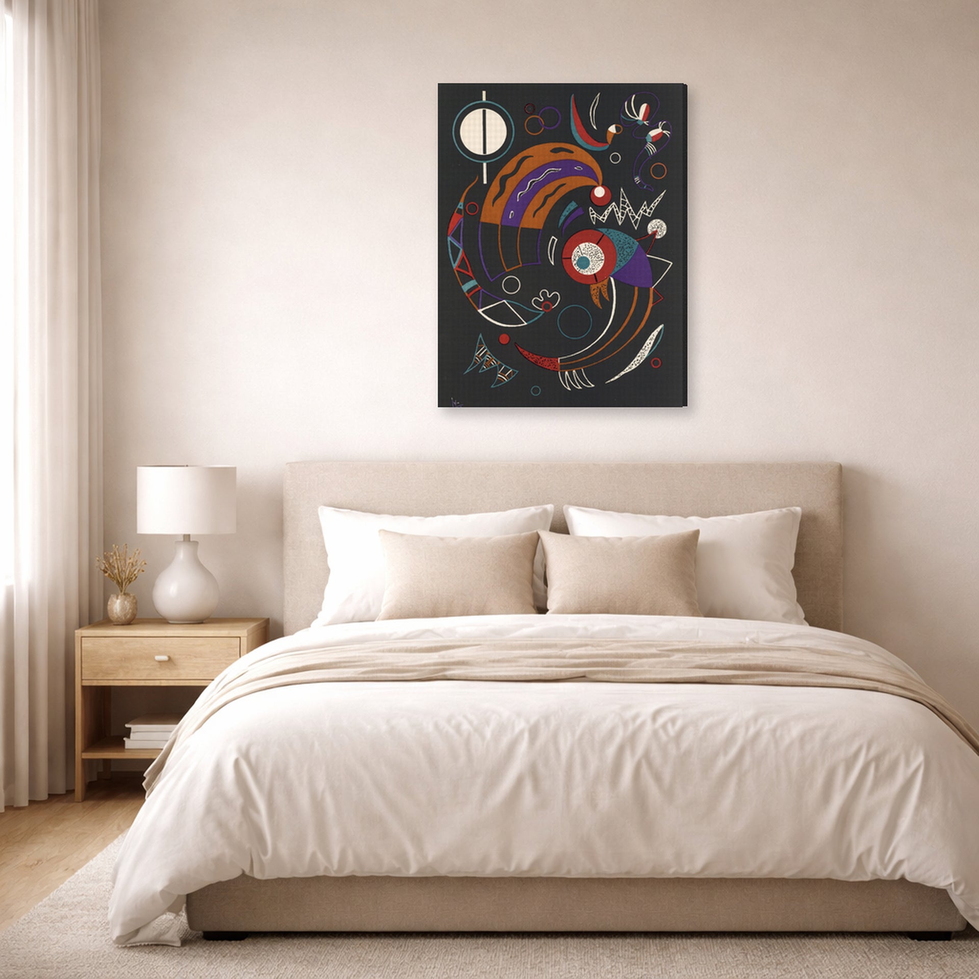 Gallery-wrapped canvas print of Wassily Kandinsky's Comets displayed on a wall in a bedroom