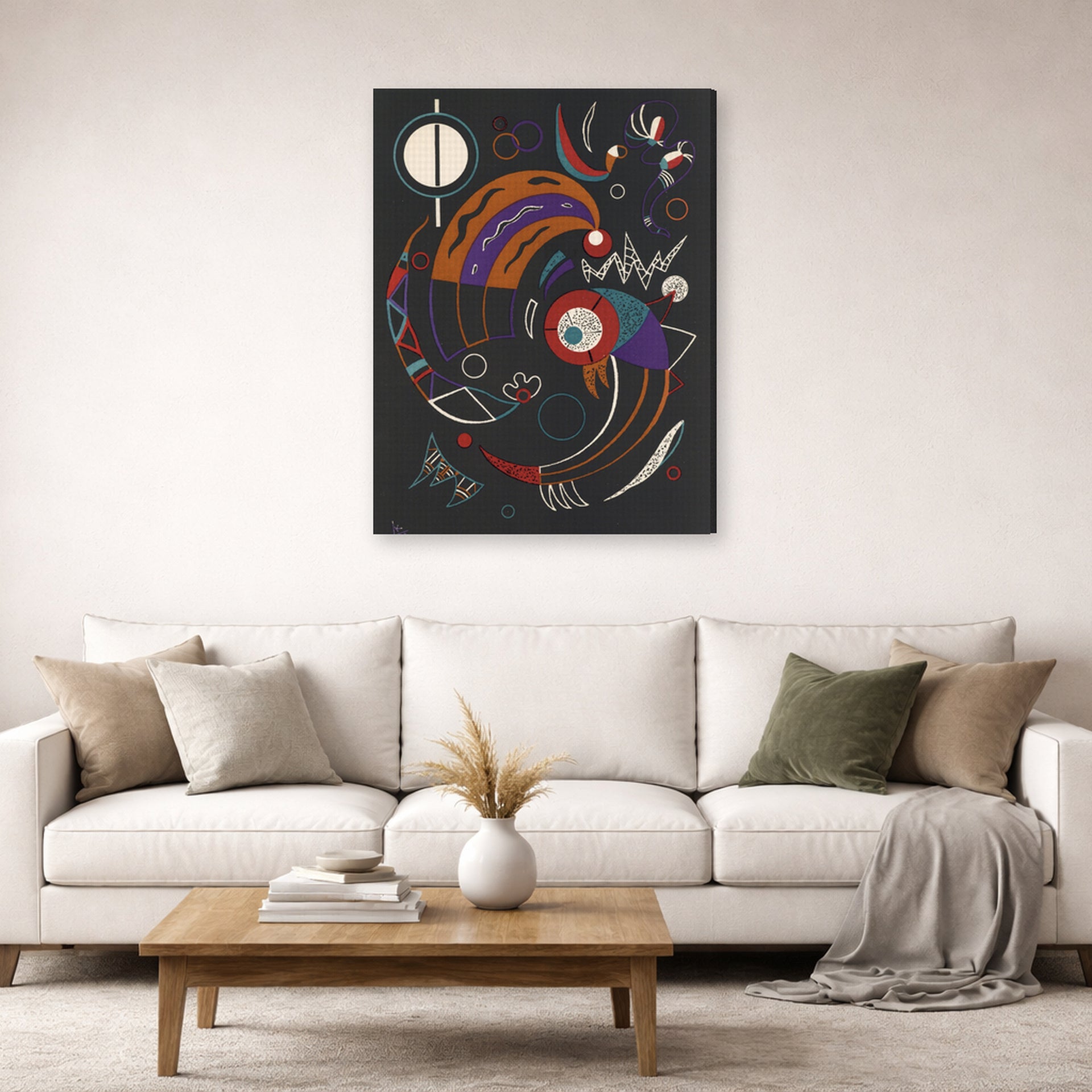 Gallery-wrapped canvas print of Wassily Kandinsky's Comets displayed on a wall in a living room