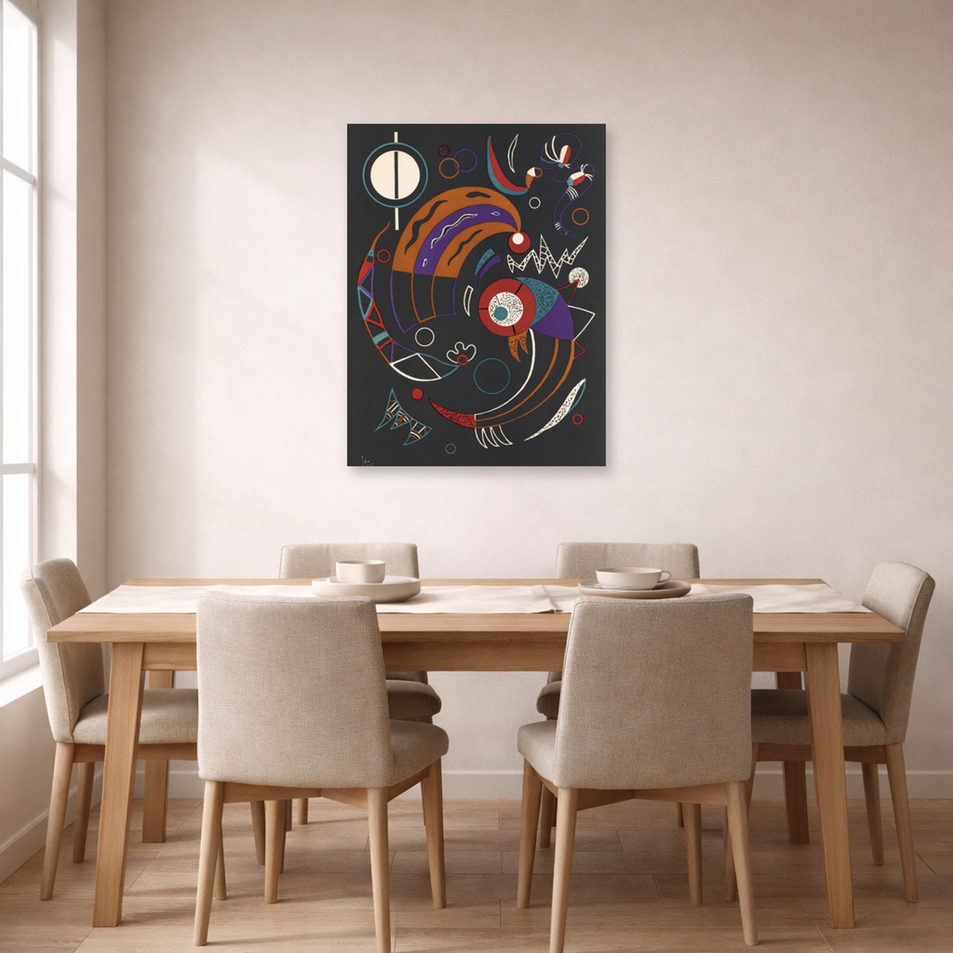 Unframed poster print of Wassily Kandinsky's Comets displayed on a wall in a dining room