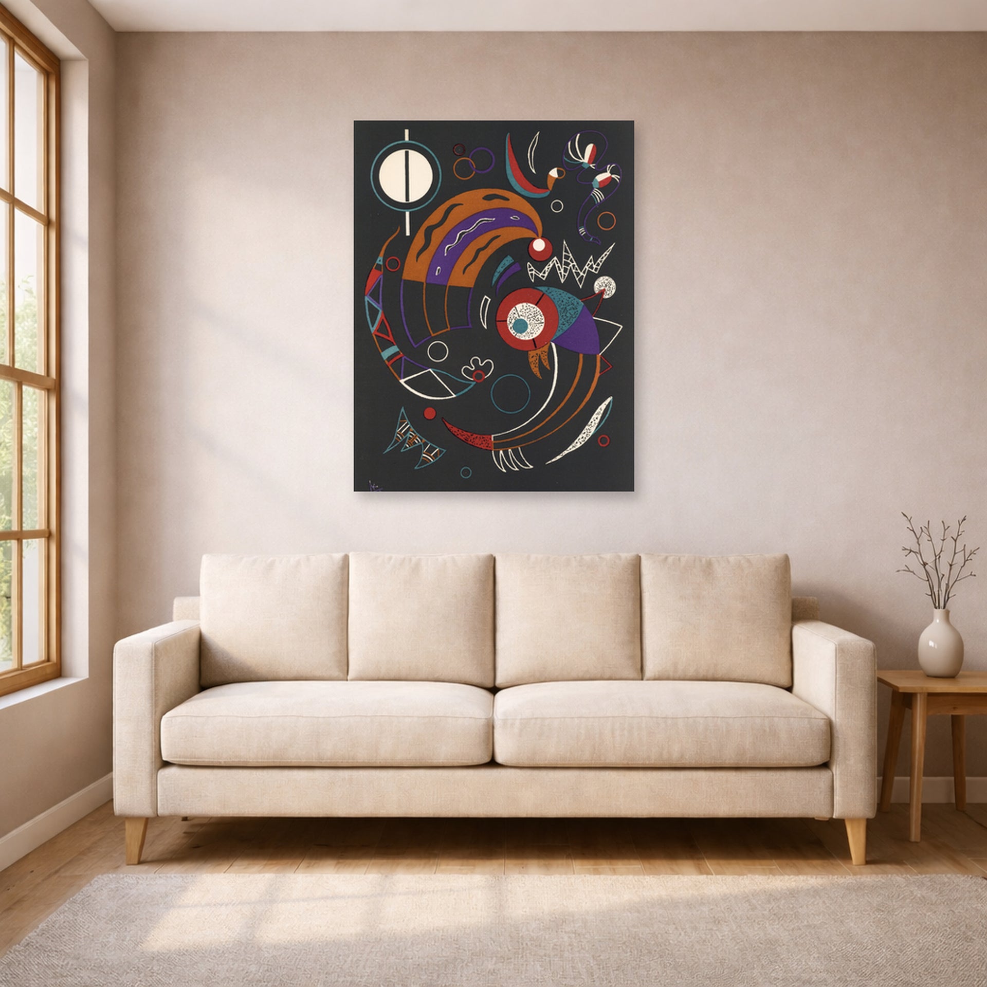 Unframed poster print of Wassily Kandinsky's Comets displayed on a wall in a living room