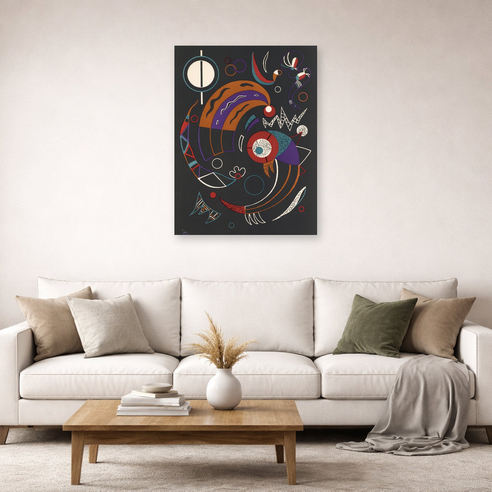 Unframed poster print of Wassily Kandinsky's Comets displayed on a wall in a living room