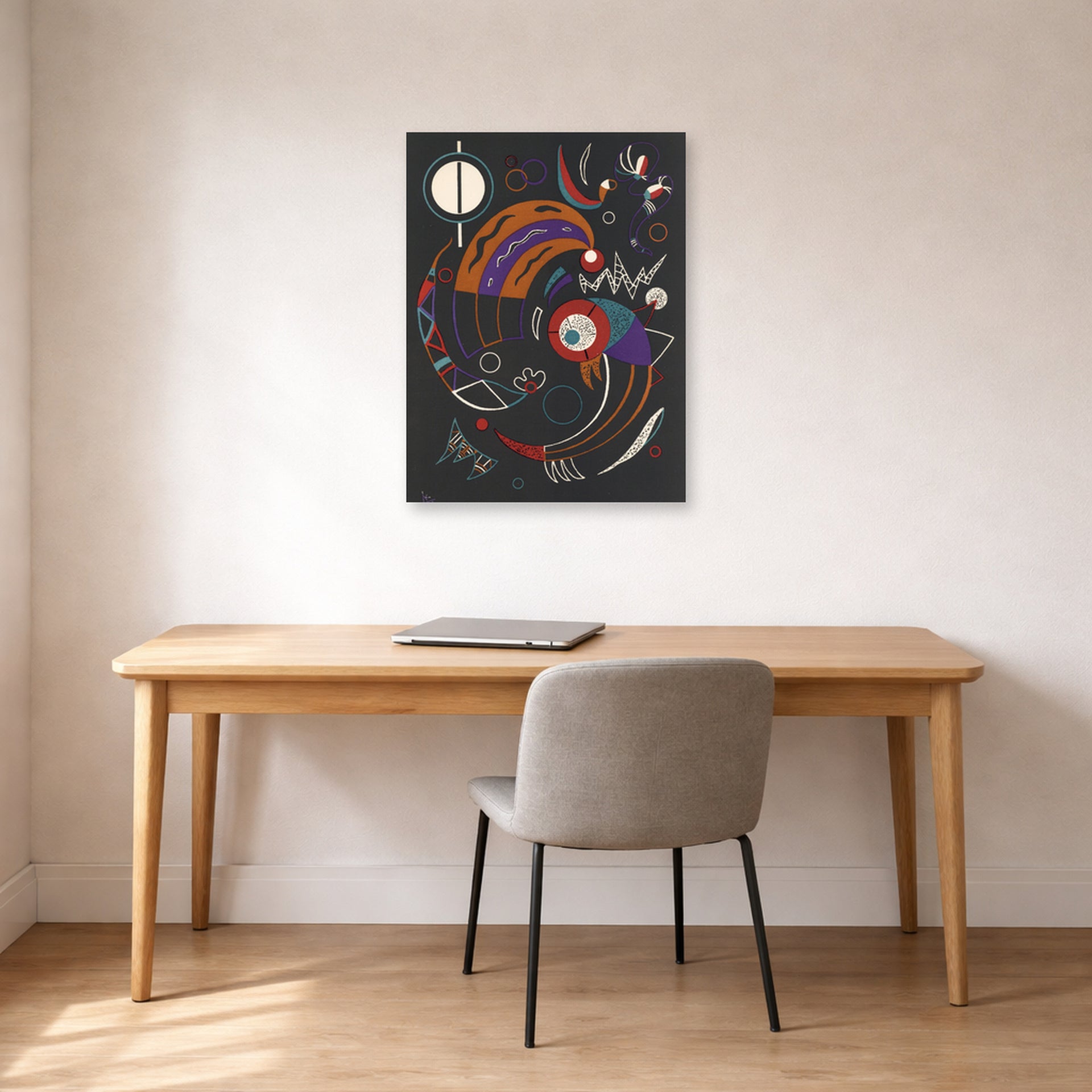 Unframed poster print of Wassily Kandinsky's Comets displayed on a wall in an office