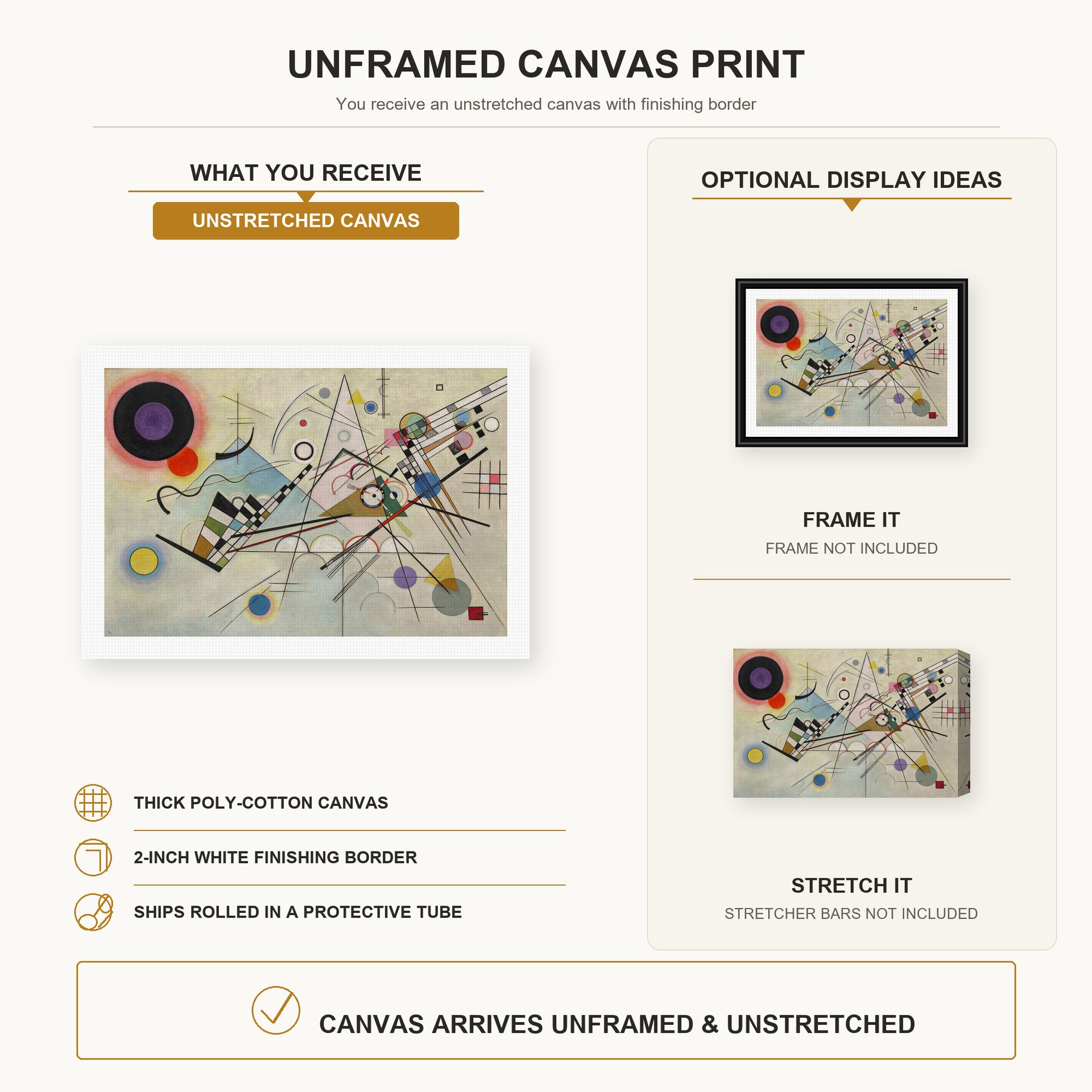 Wassily Kandinsky - Composition VIII canvas print size comparison and framing display infographic