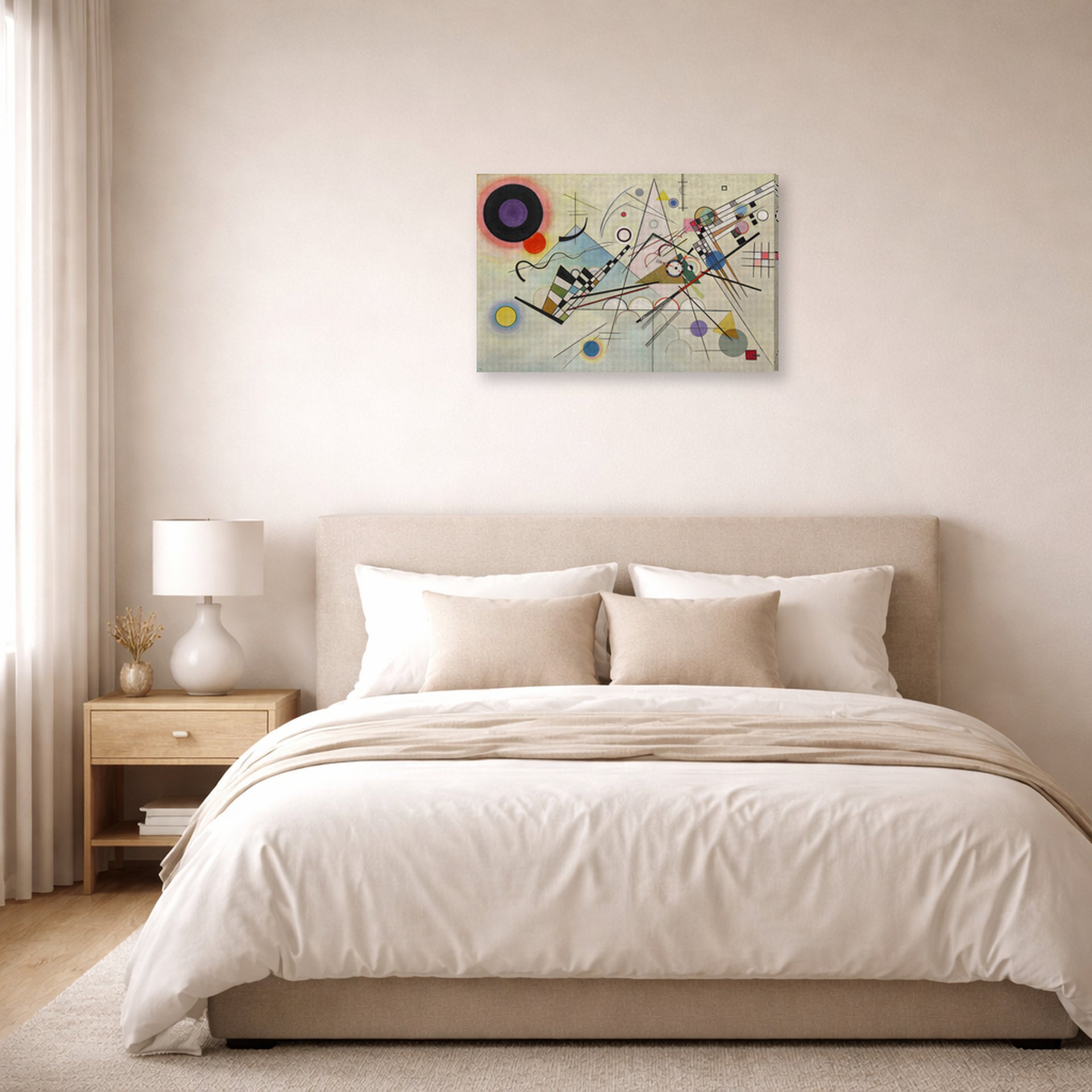 Gallery-wrapped canvas print of Wassily Kandinsky's Composition VIII displayed on a wall in a bedroom