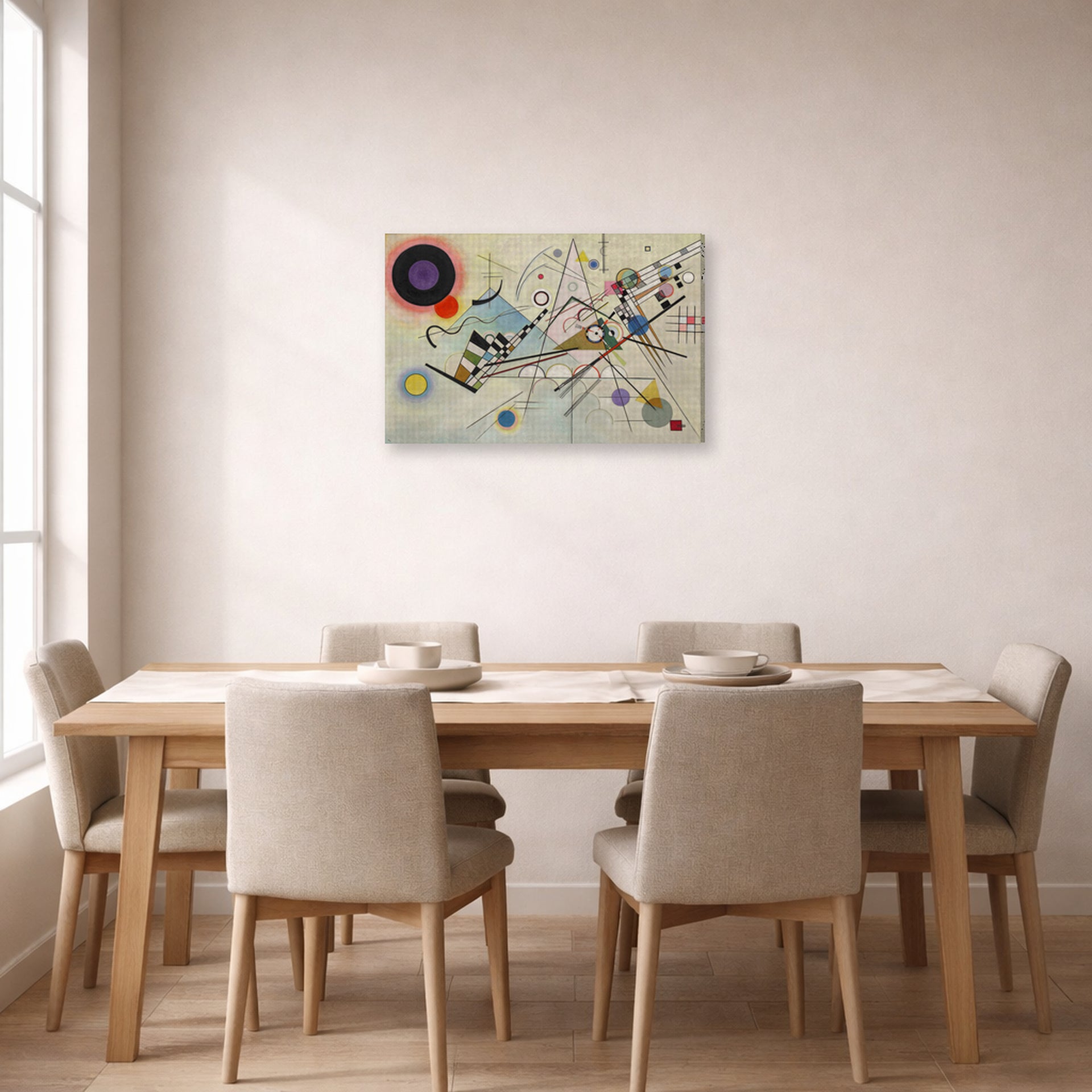 Gallery-wrapped canvas print of Wassily Kandinsky's Composition VIII displayed on a wall in a dining room