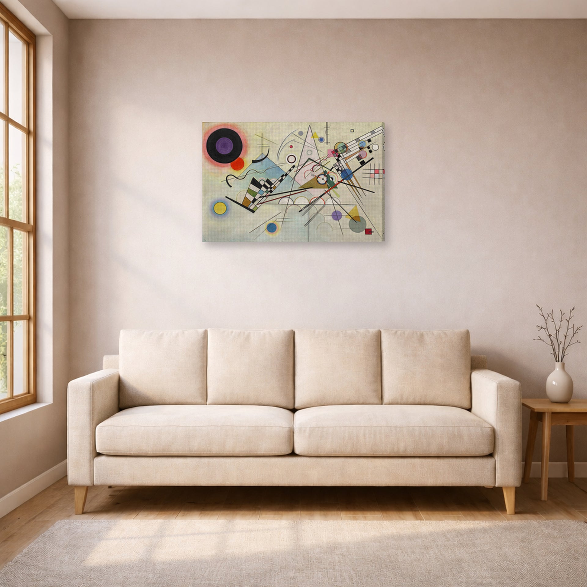 Gallery-wrapped canvas print of Wassily Kandinsky's Composition VIII displayed on a wall in a living room
