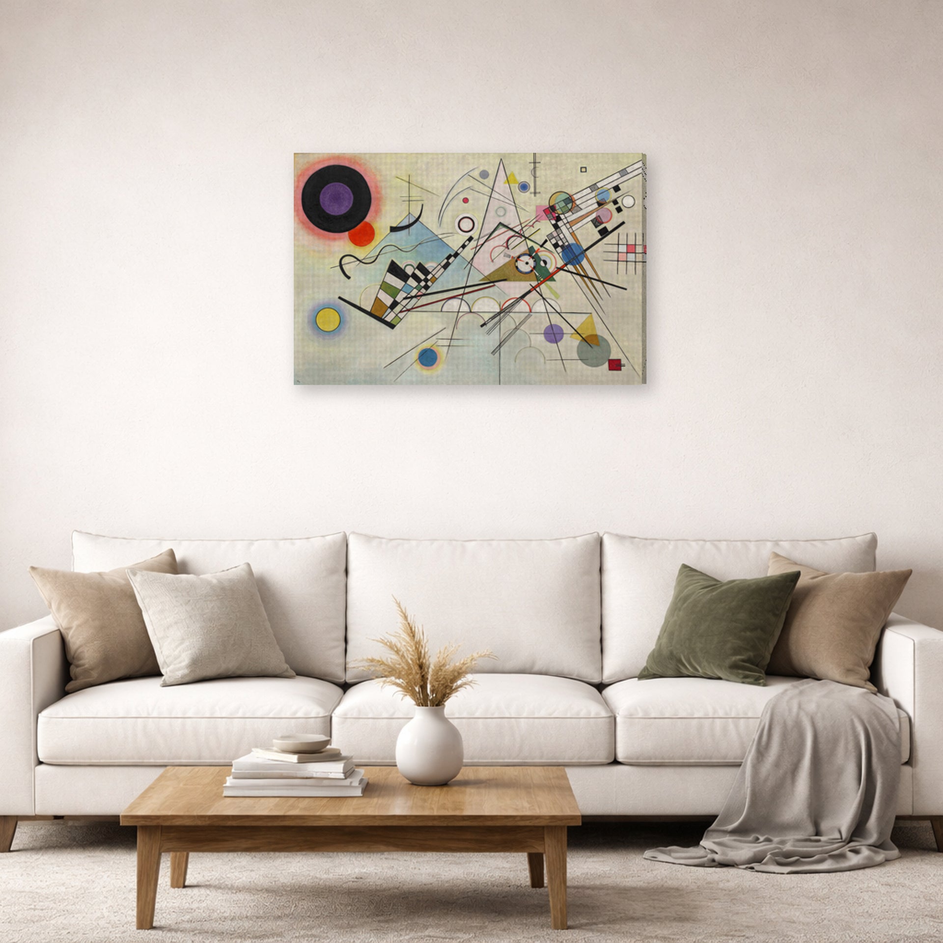 Gallery-wrapped canvas print of Wassily Kandinsky's Composition VIII displayed on a wall in a living room