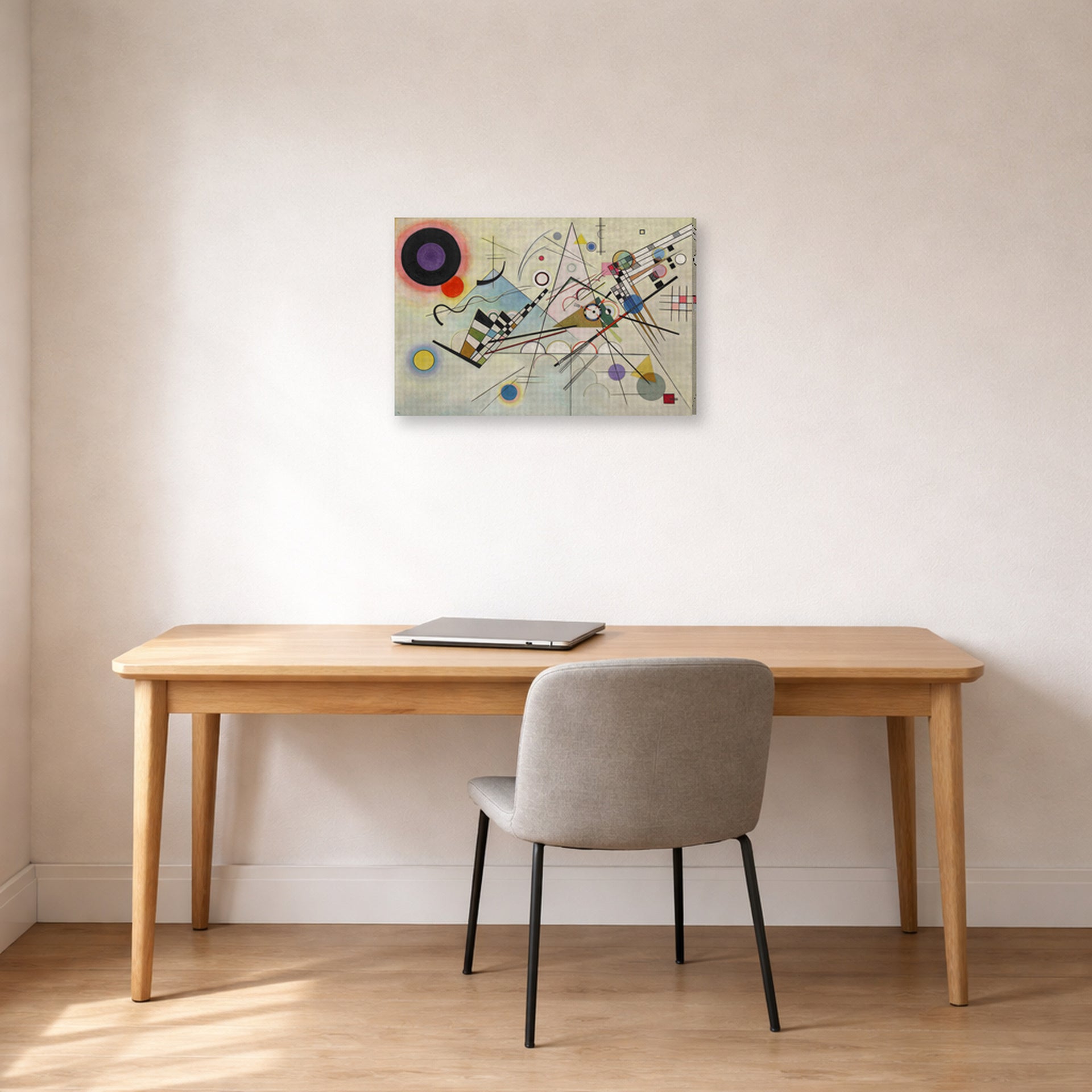 Gallery-wrapped canvas print of Wassily Kandinsky's Composition VIII displayed on a wall in an office