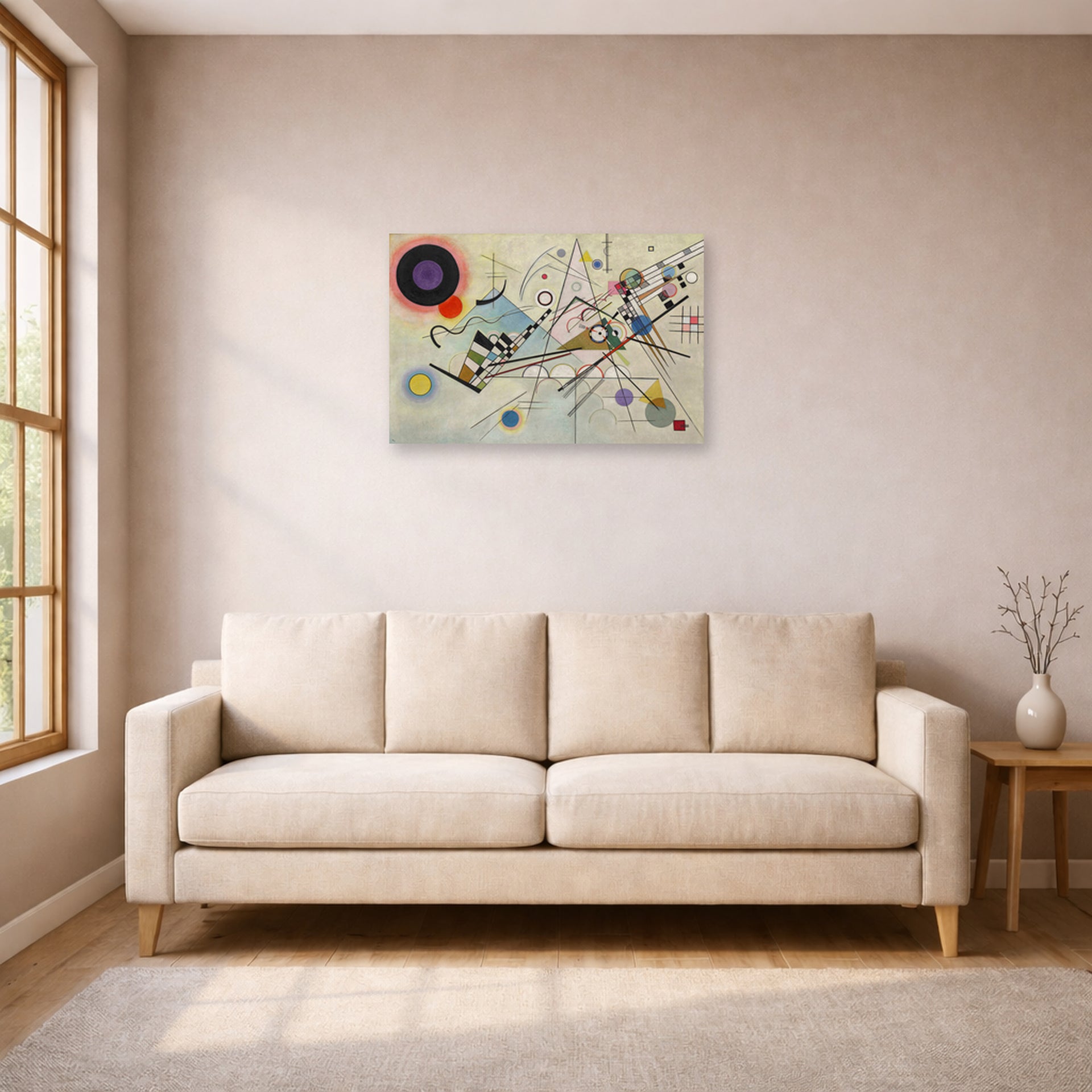 Unframed poster print of Wassily Kandinsky's Composition VIII displayed on a wall in a living room