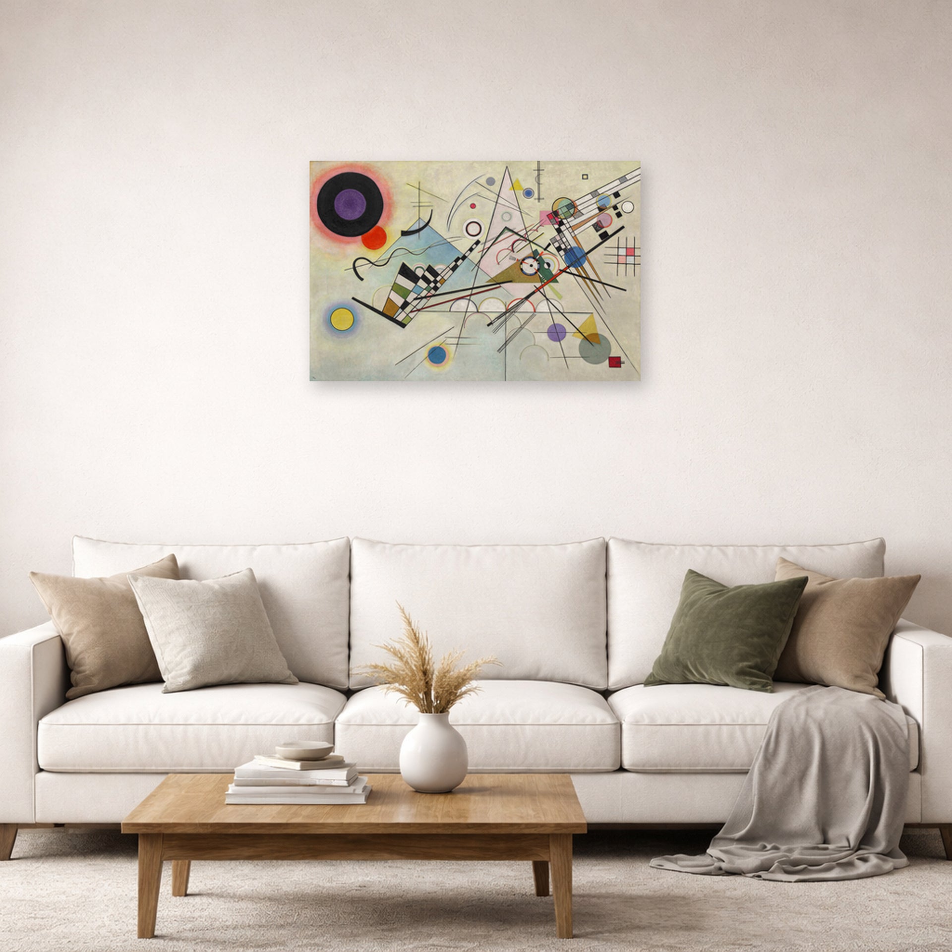 Unframed poster print of Wassily Kandinsky's Composition VIII displayed on a wall in a living room