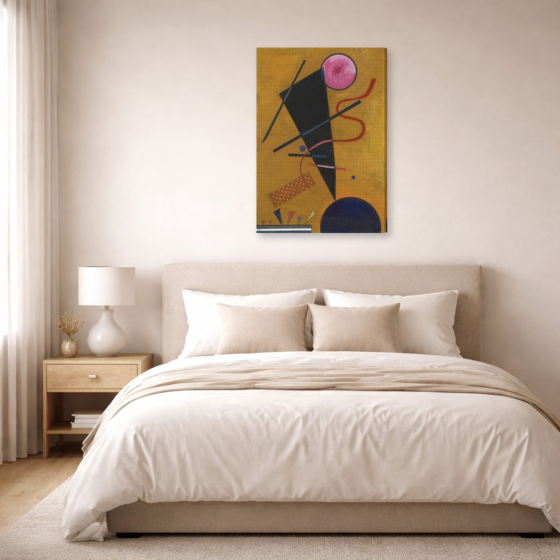 Gallery-wrapped canvas print of Wassily Kandinsky's Contact displayed on a wall in a bedroom