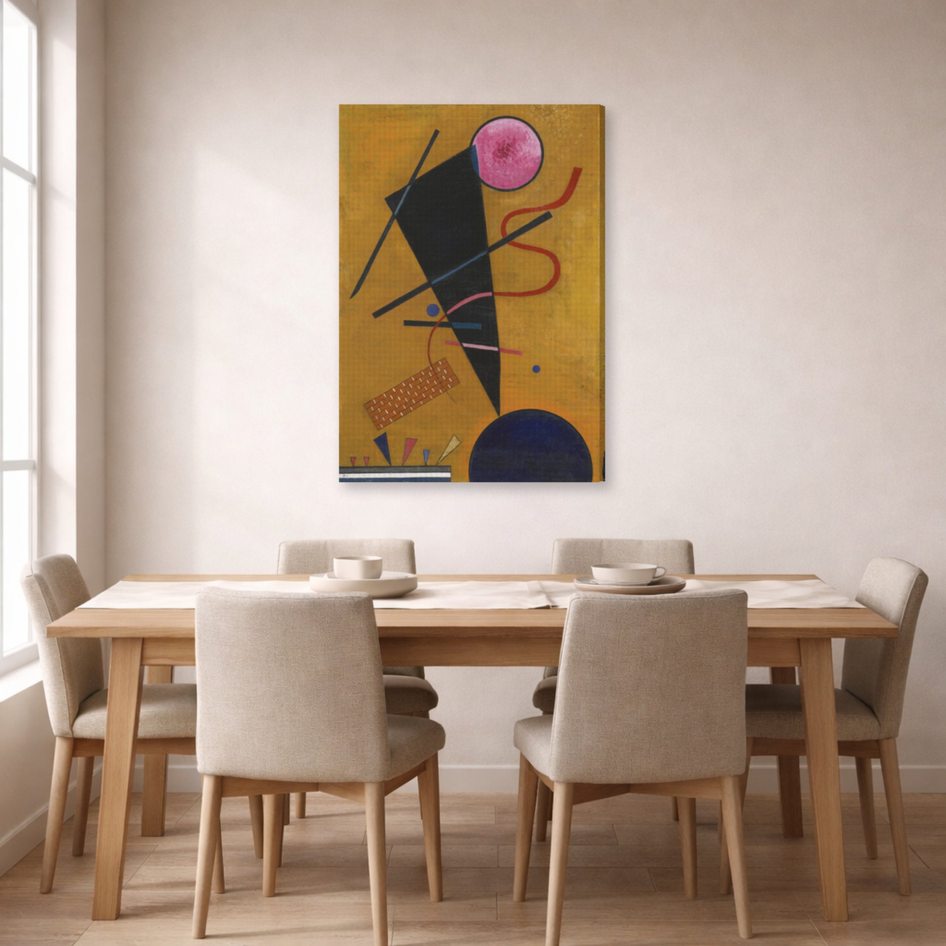 Gallery-wrapped canvas print of Wassily Kandinsky's Contact displayed on a wall in a dining room