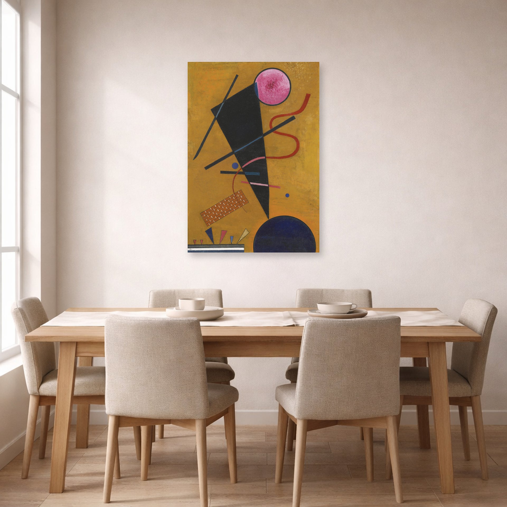 Unframed poster print of Wassily Kandinsky's Contact displayed on a wall in a dining room