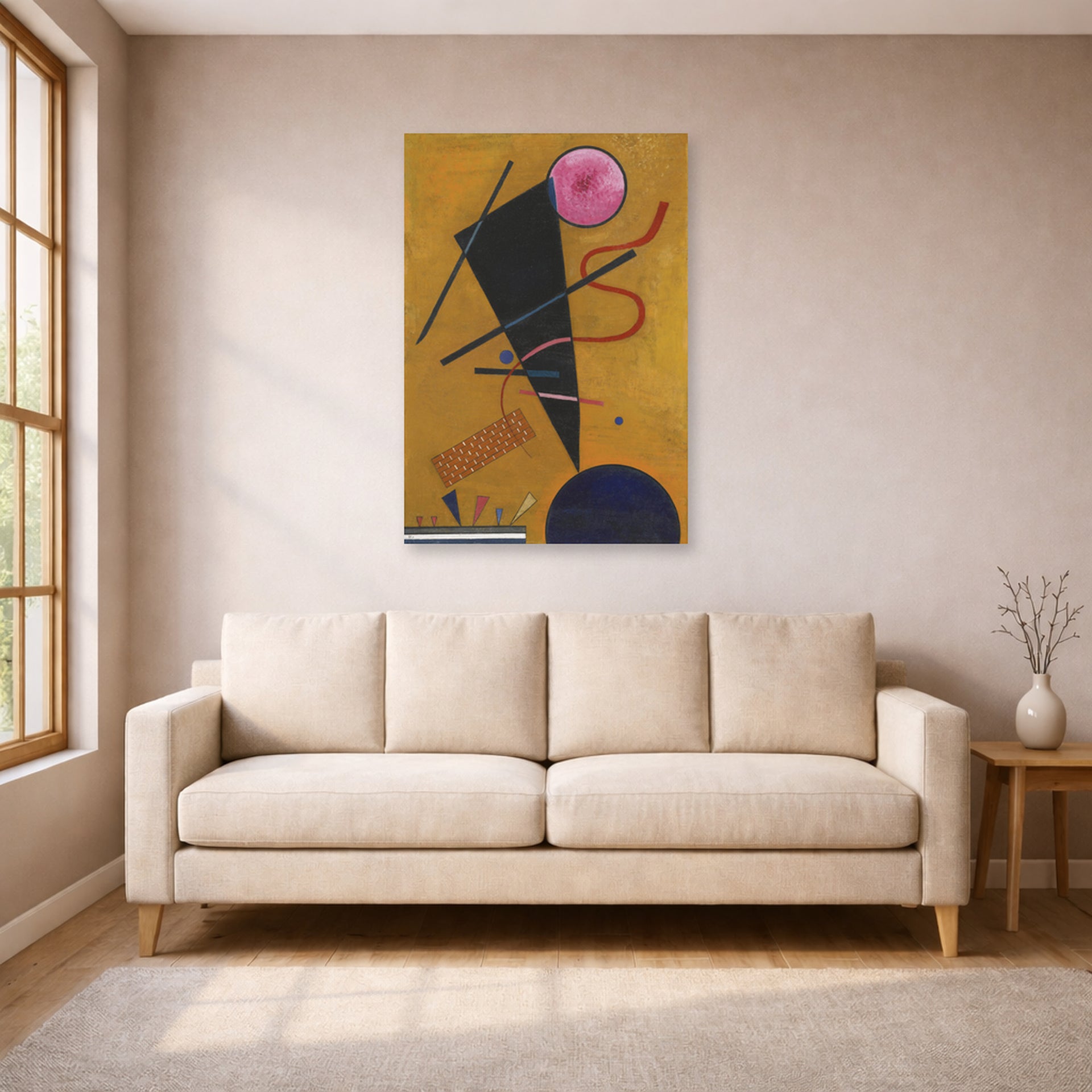 Unframed poster print of Wassily Kandinsky's Contact displayed on a wall in a living room