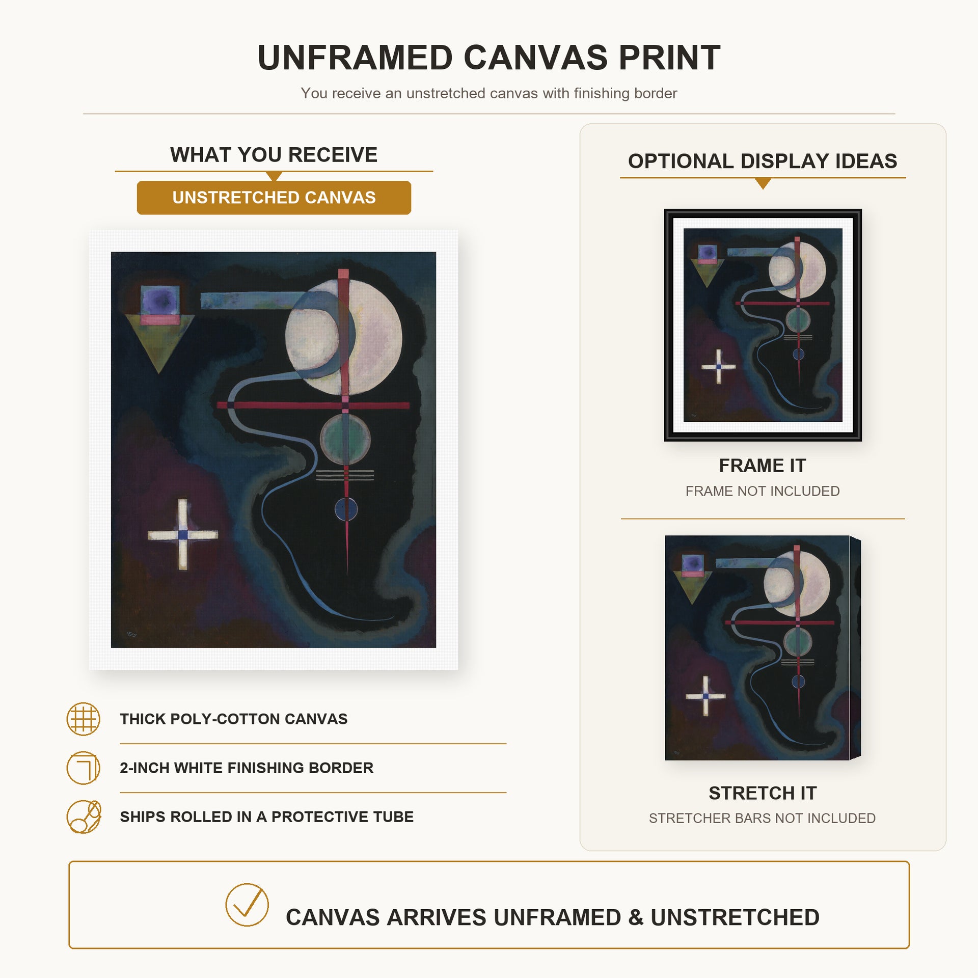 Wassily Kandinsky - Cool Energy canvas print size comparison and framing display infographic
