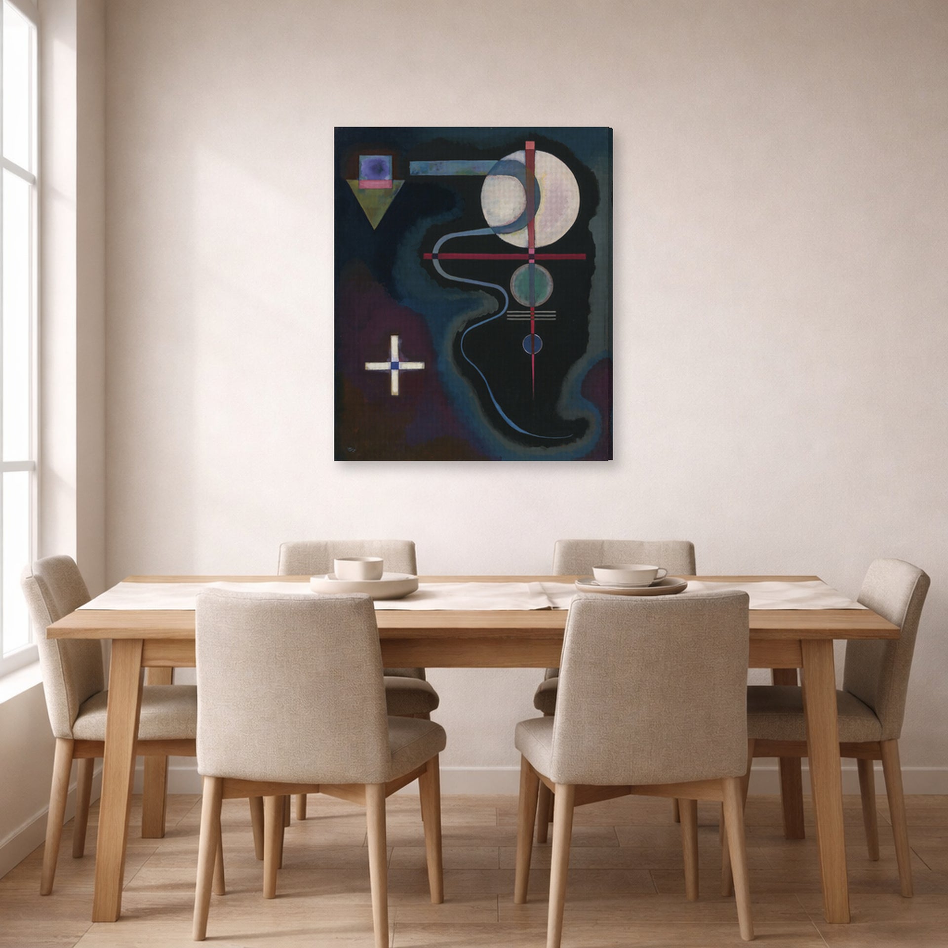 Gallery-wrapped canvas print of Wassily Kandinsky's Cool Energy displayed on a wall in a dining room