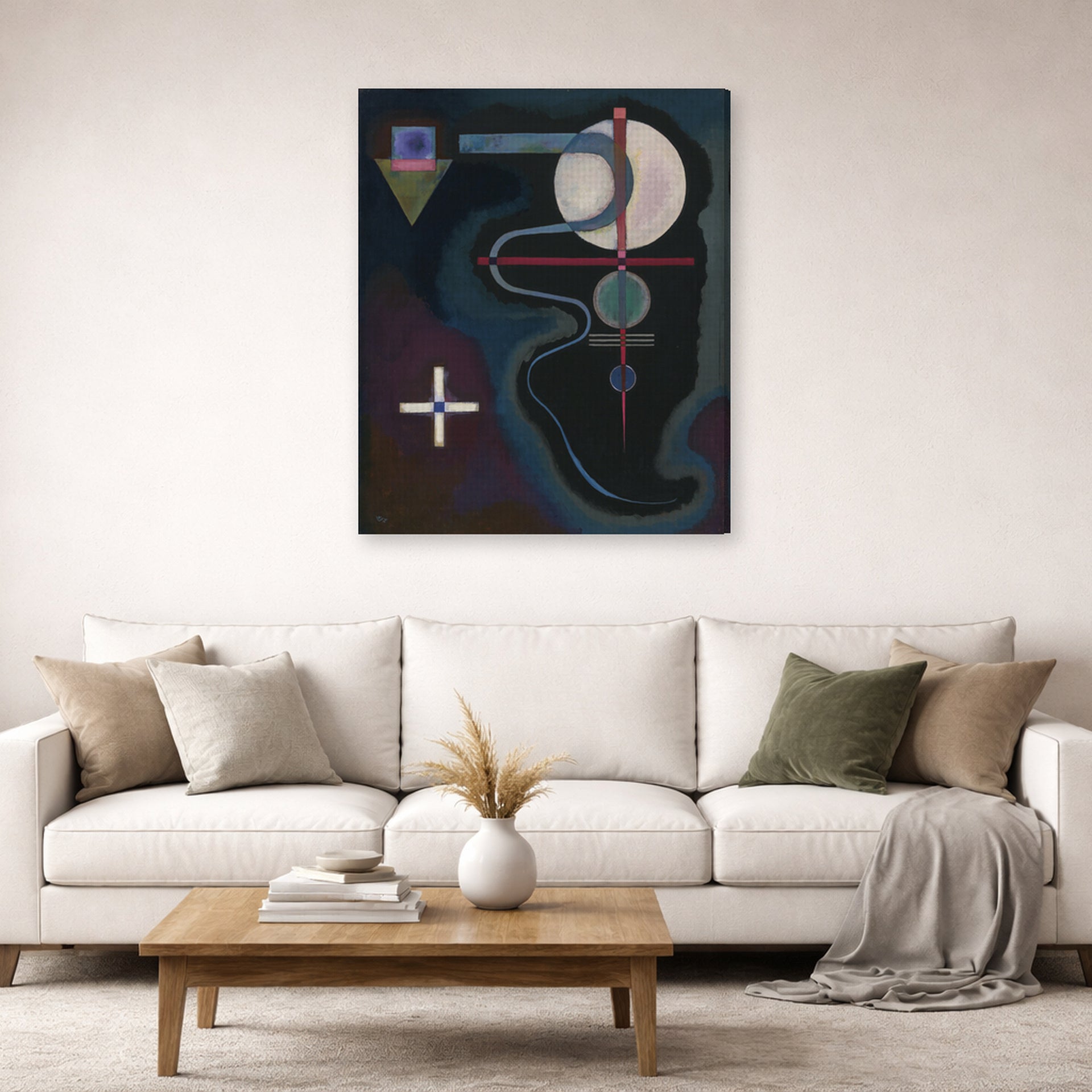 Gallery-wrapped canvas print of Wassily Kandinsky's Cool Energy displayed on a wall in a living room