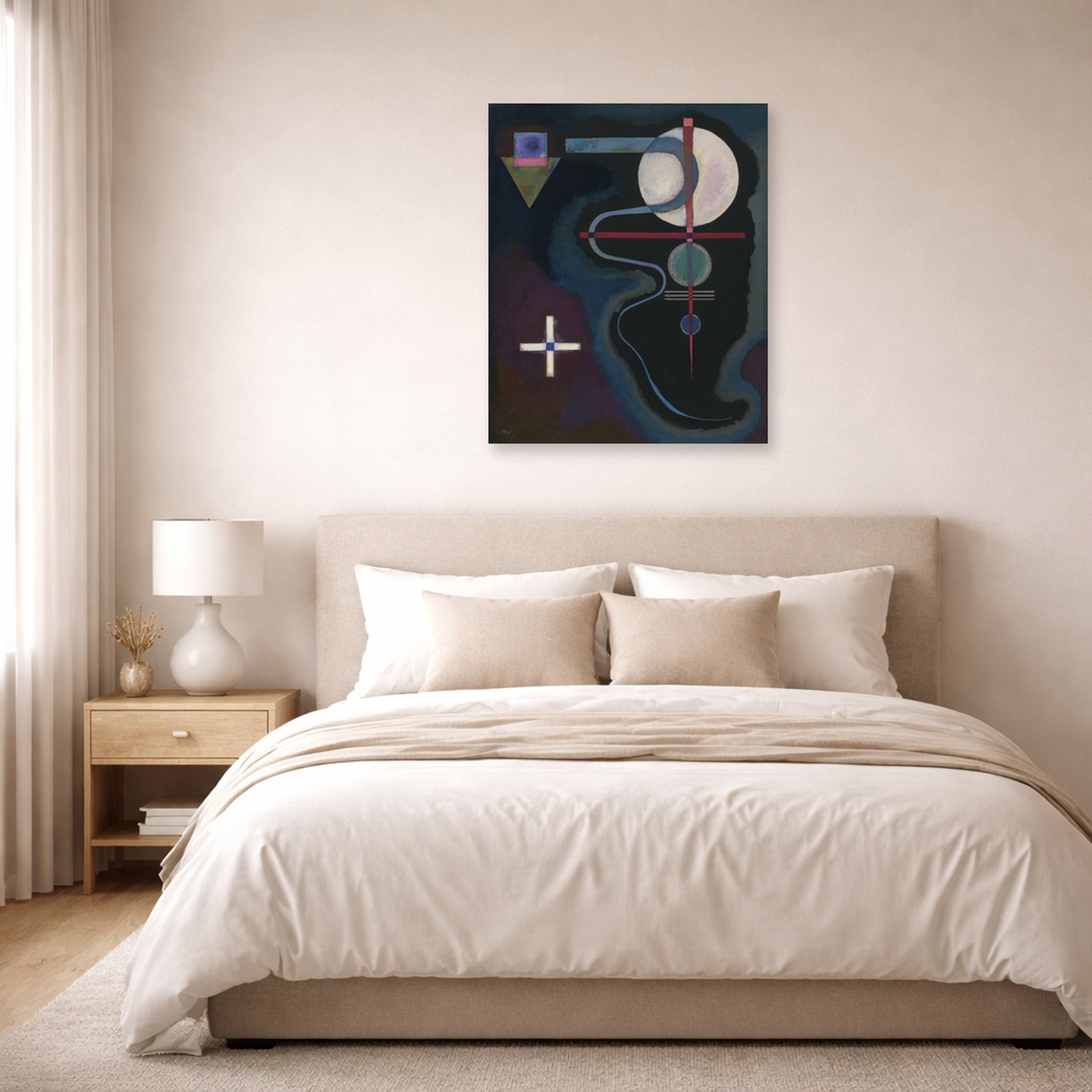 Unframed poster print of Wassily Kandinsky's Cool Energy displayed on a wall in a bedroom