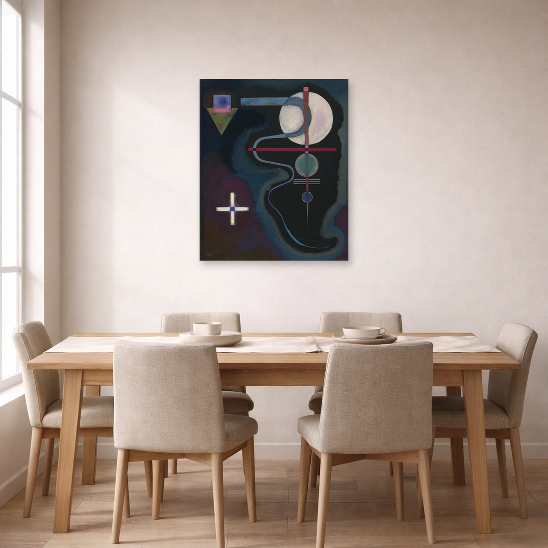 Unframed poster print of Wassily Kandinsky's Cool Energy displayed on a wall in a dining room