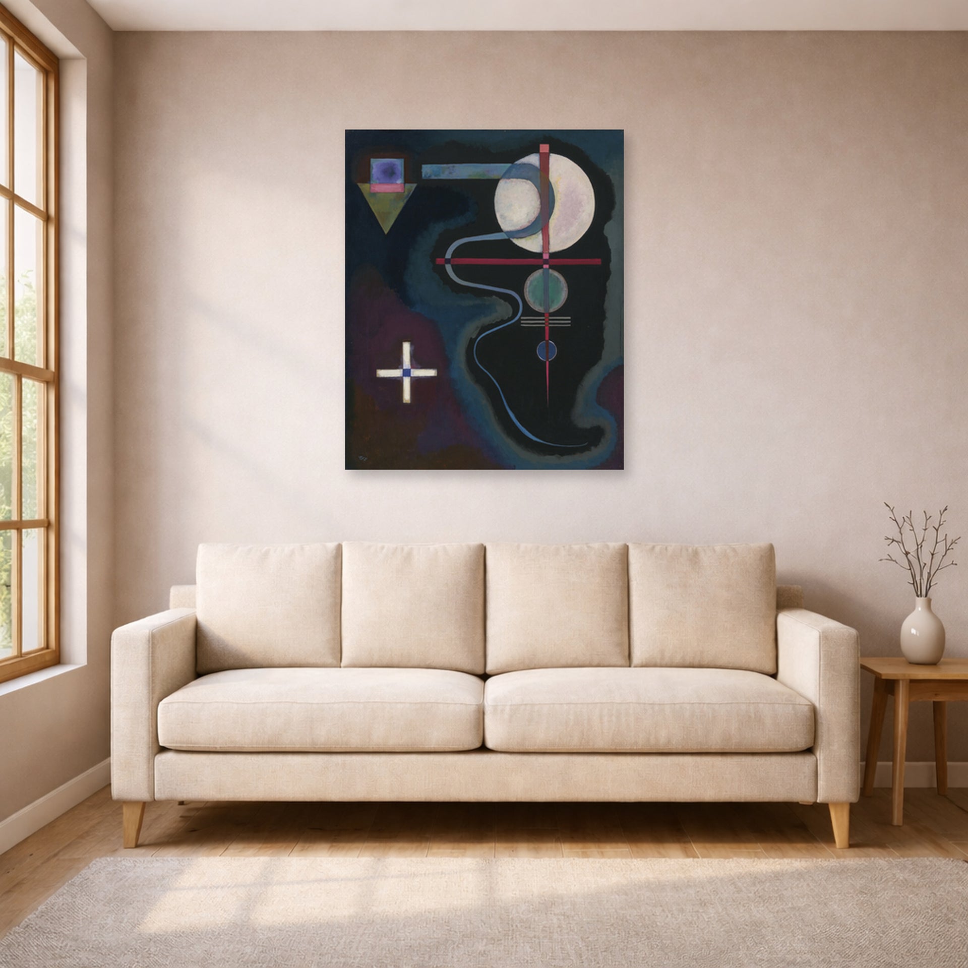 Unframed poster print of Wassily Kandinsky's Cool Energy displayed on a wall in a living room