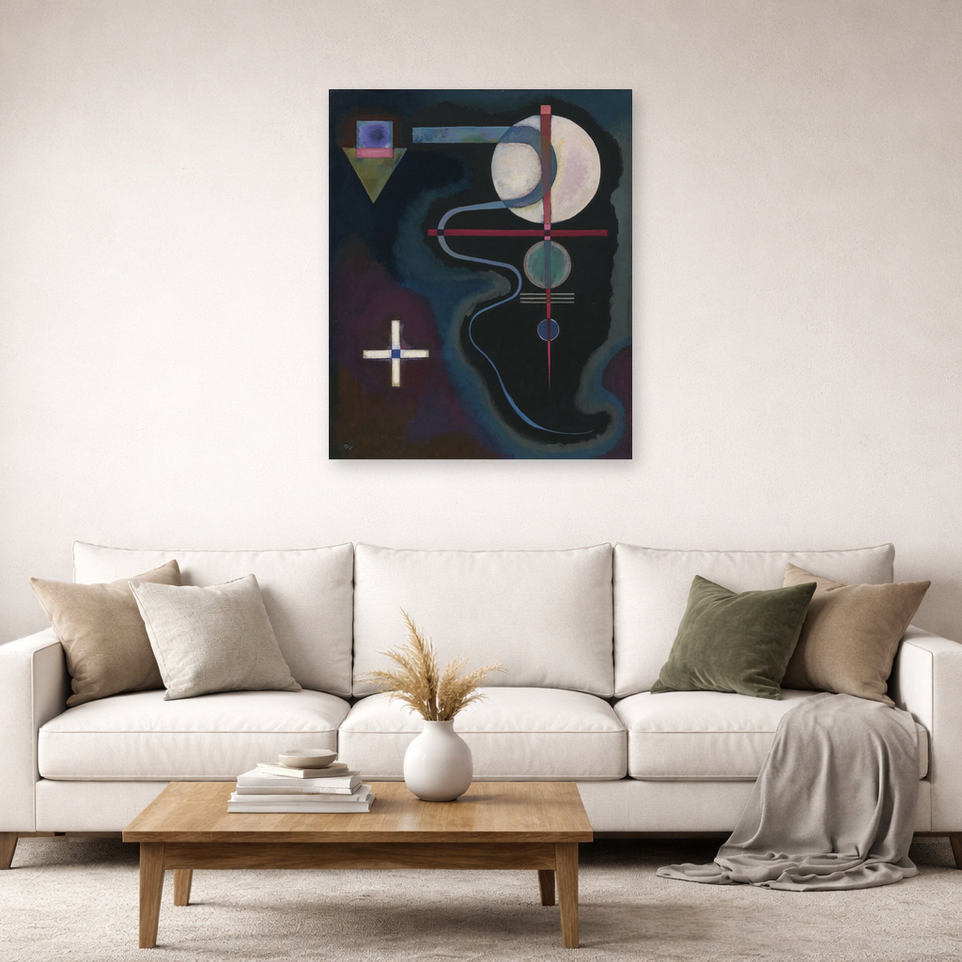 Unframed poster print of Wassily Kandinsky's Cool Energy displayed on a wall in a living room