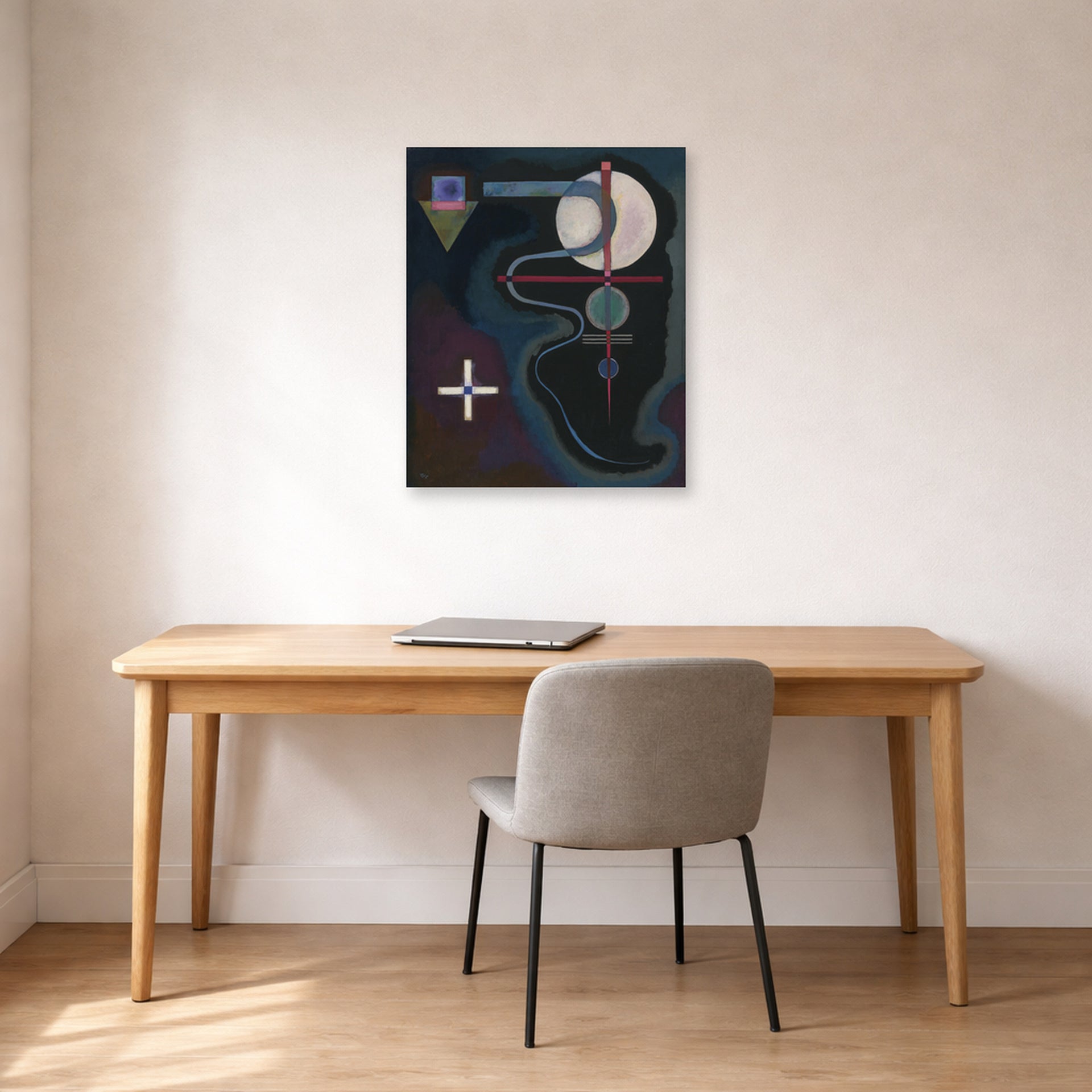 Unframed poster print of Wassily Kandinsky's Cool Energy displayed on a wall in an office
