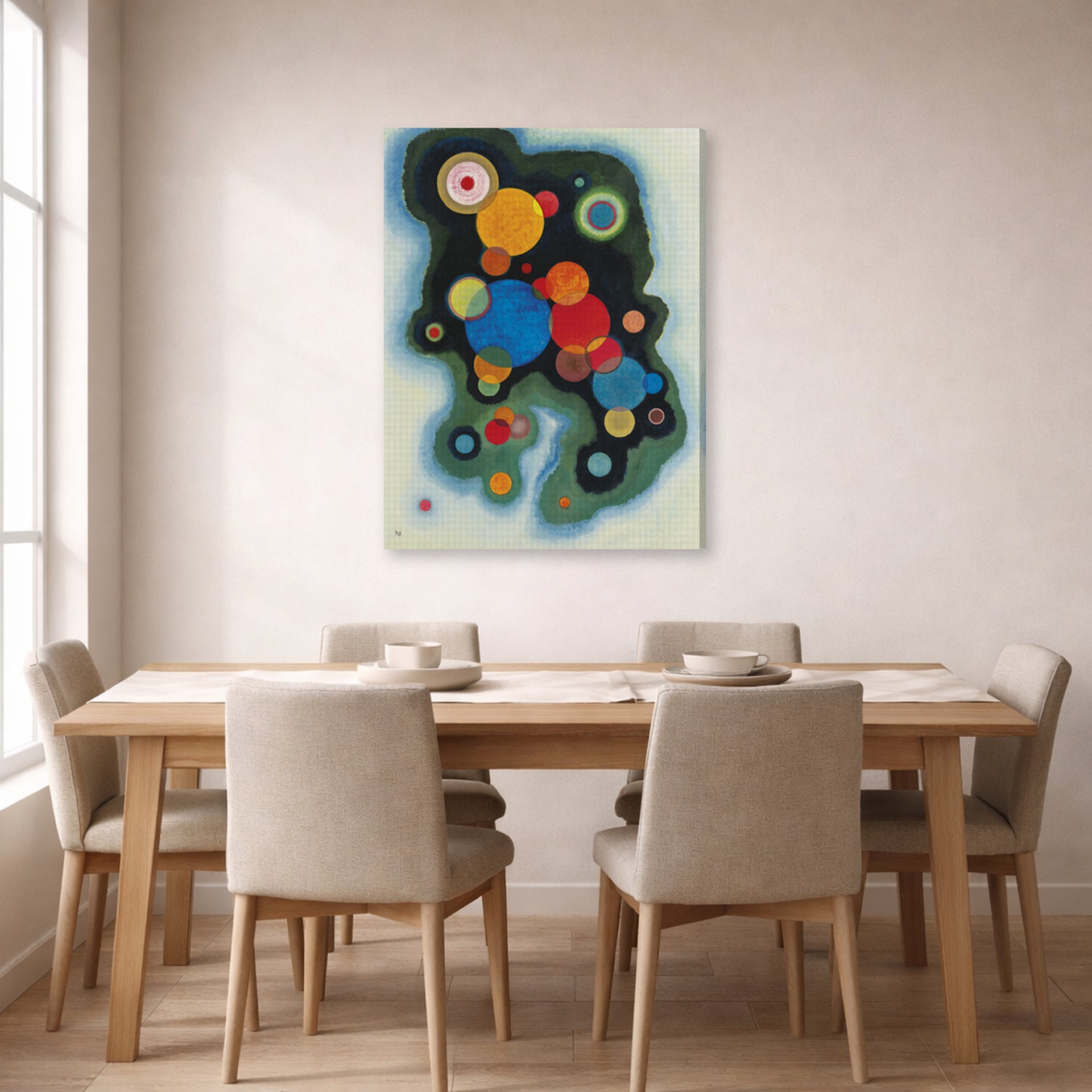 Gallery-wrapped canvas print of Wassily Kandinsky's Deepened Impulse displayed on a wall in a dining room
