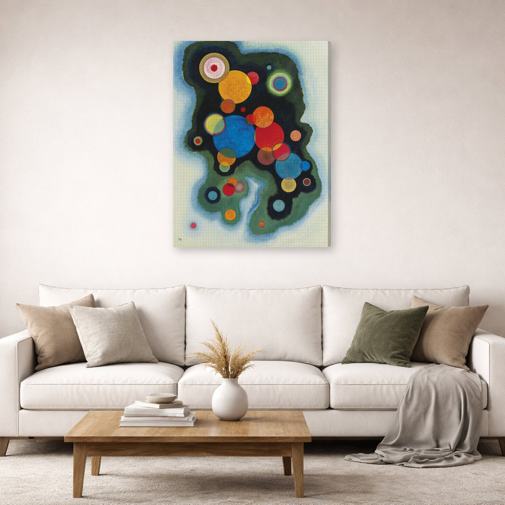 Gallery-wrapped canvas print of Wassily Kandinsky's Deepened Impulse displayed on a wall in a living room