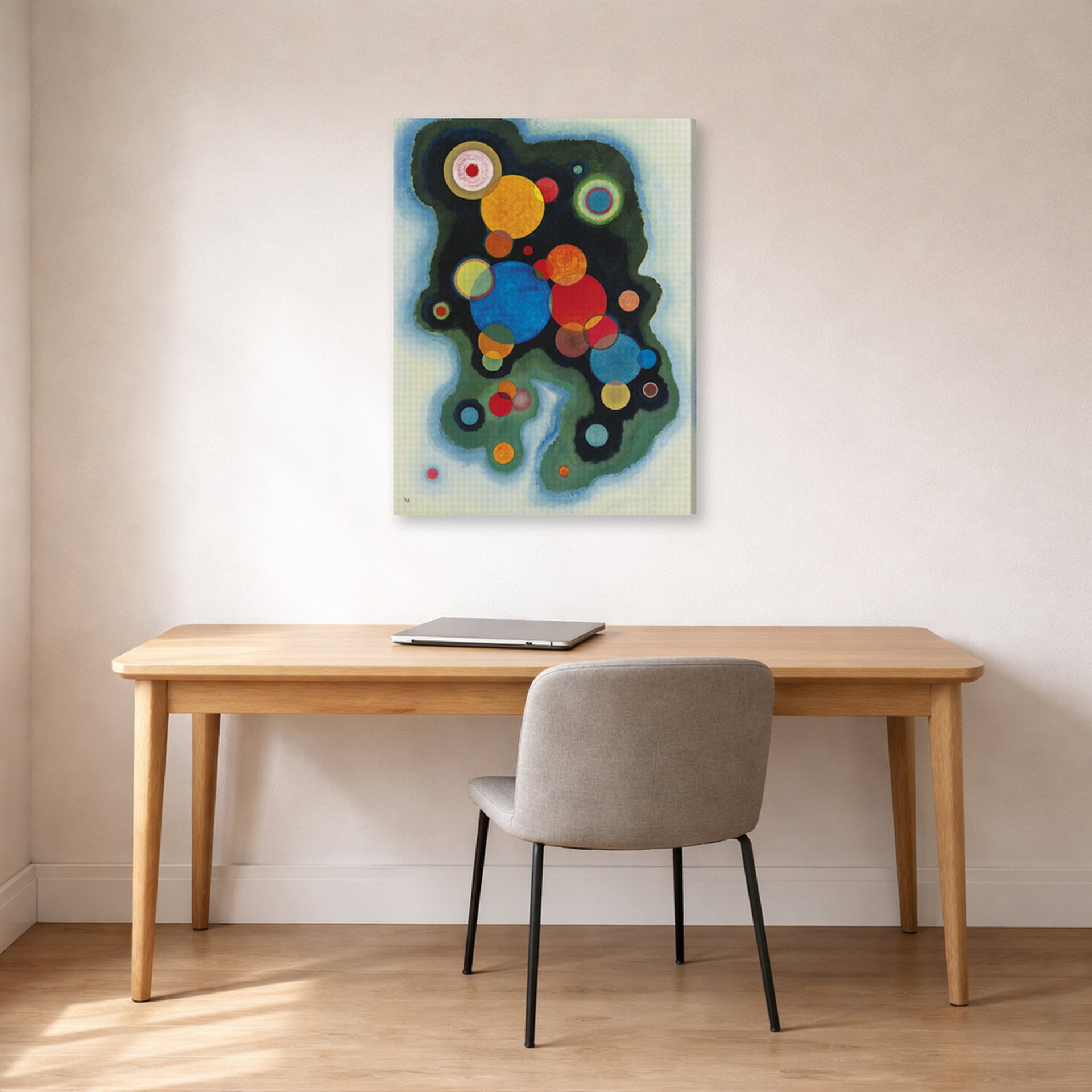 Gallery-wrapped canvas print of Wassily Kandinsky's Deepened Impulse displayed on a wall in an office