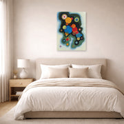 Unframed poster print of Wassily Kandinsky's Deepened Impulse displayed on a wall in a bedroom
