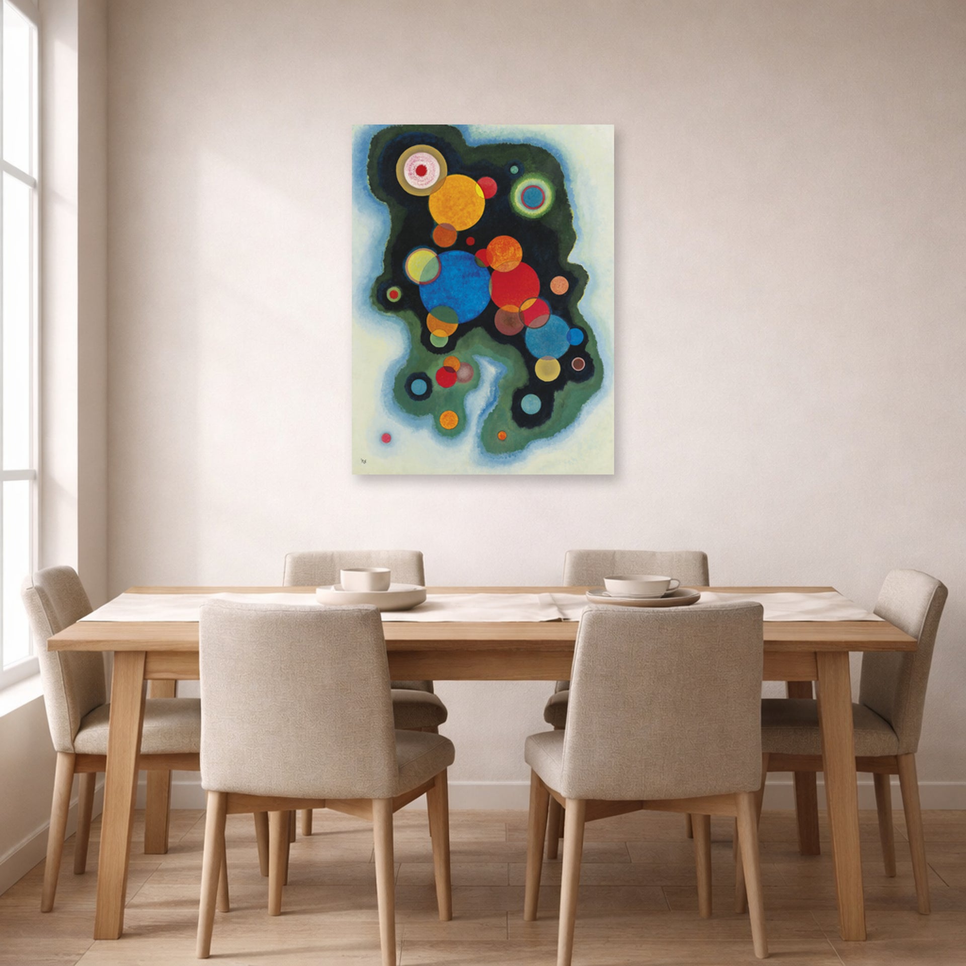Unframed poster print of Wassily Kandinsky's Deepened Impulse displayed on a wall in a dining room