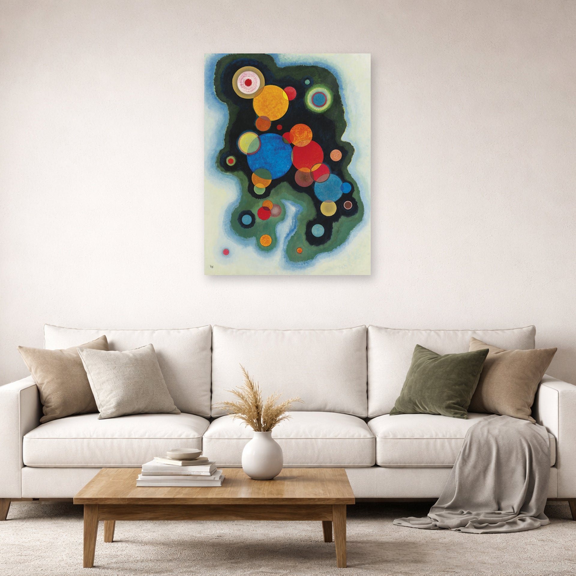 Unframed poster print of Wassily Kandinsky's Deepened Impulse displayed on a wall in a living room