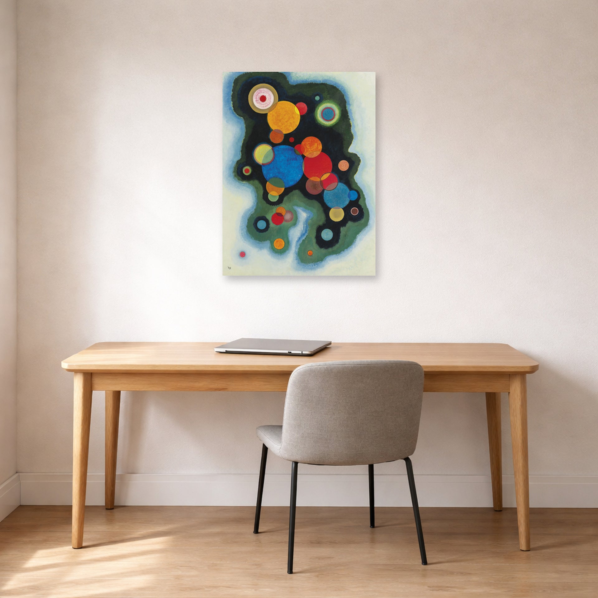 Unframed poster print of Wassily Kandinsky's Deepened Impulse displayed on a wall in an office