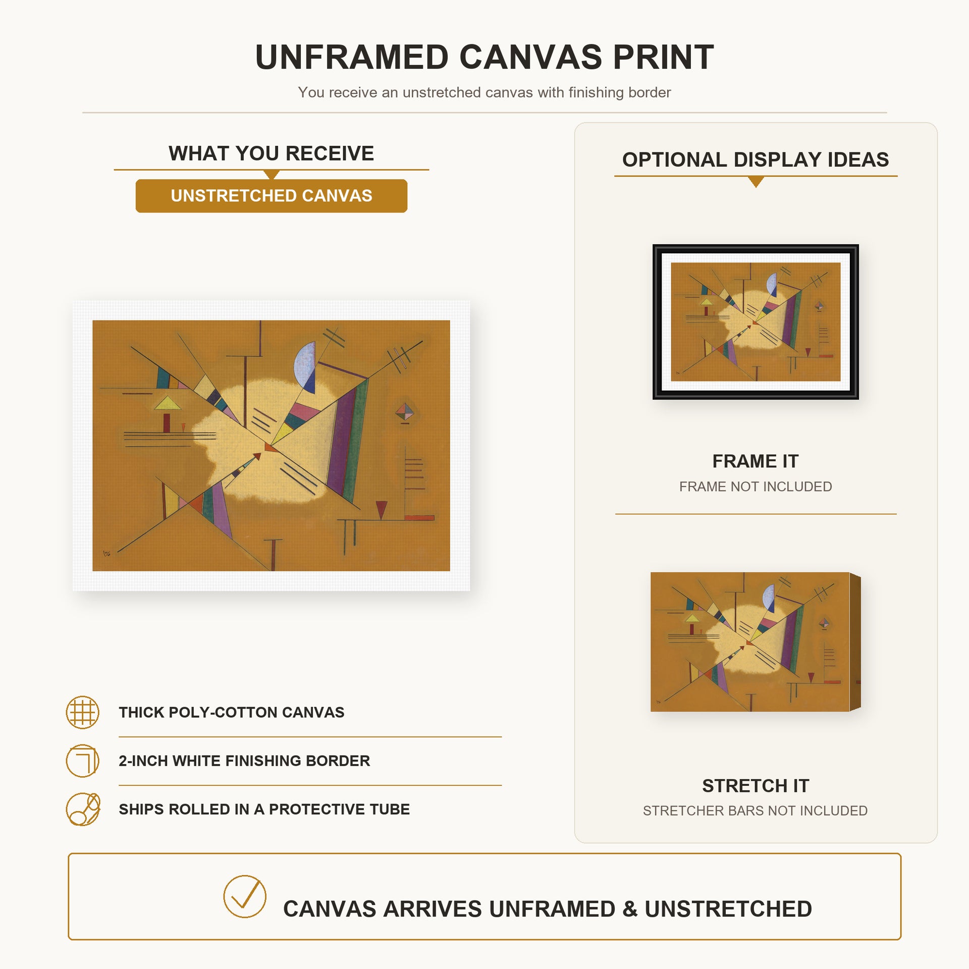 Wassily Kandinsky - Diagonale canvas print size comparison and framing display infographic