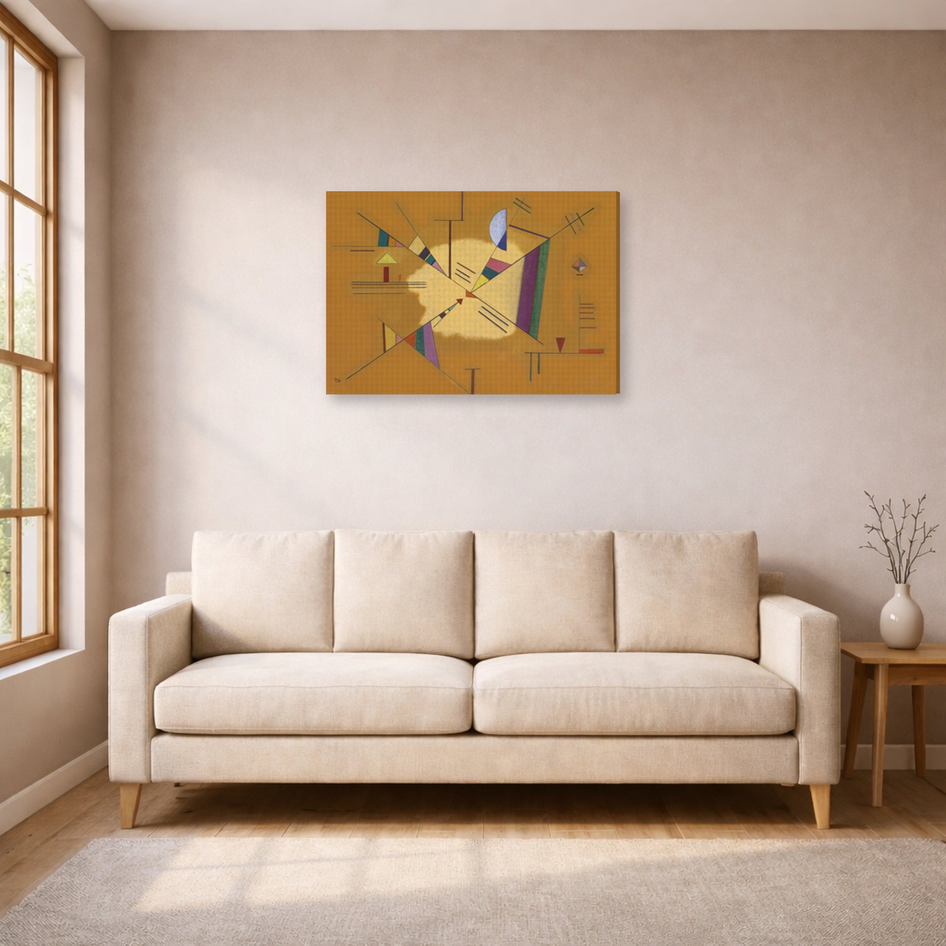 Gallery-wrapped canvas print of Wassily Kandinsky's Diagonale displayed on a wall in a living room