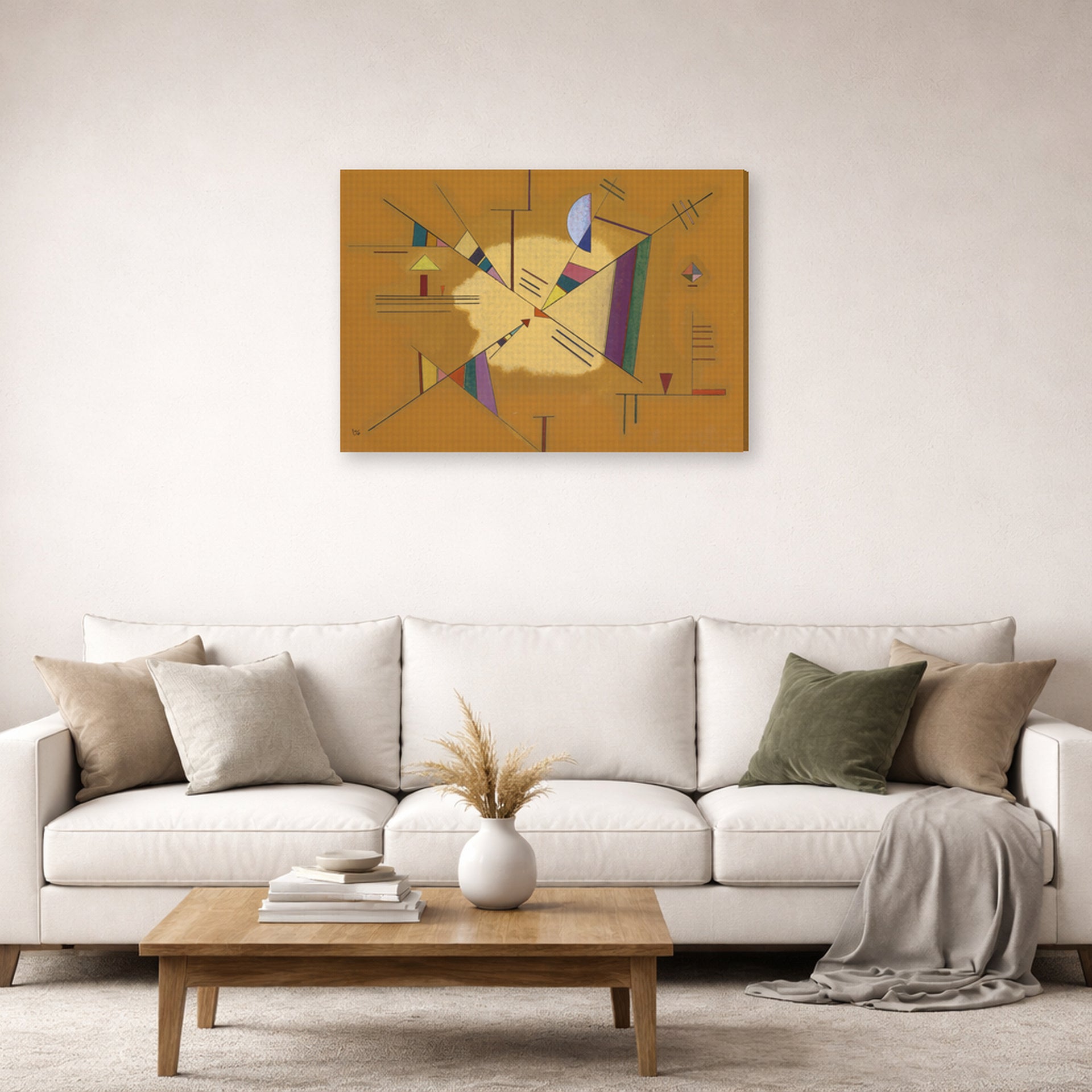 Gallery-wrapped canvas print of Wassily Kandinsky's Diagonale displayed on a wall in a living room