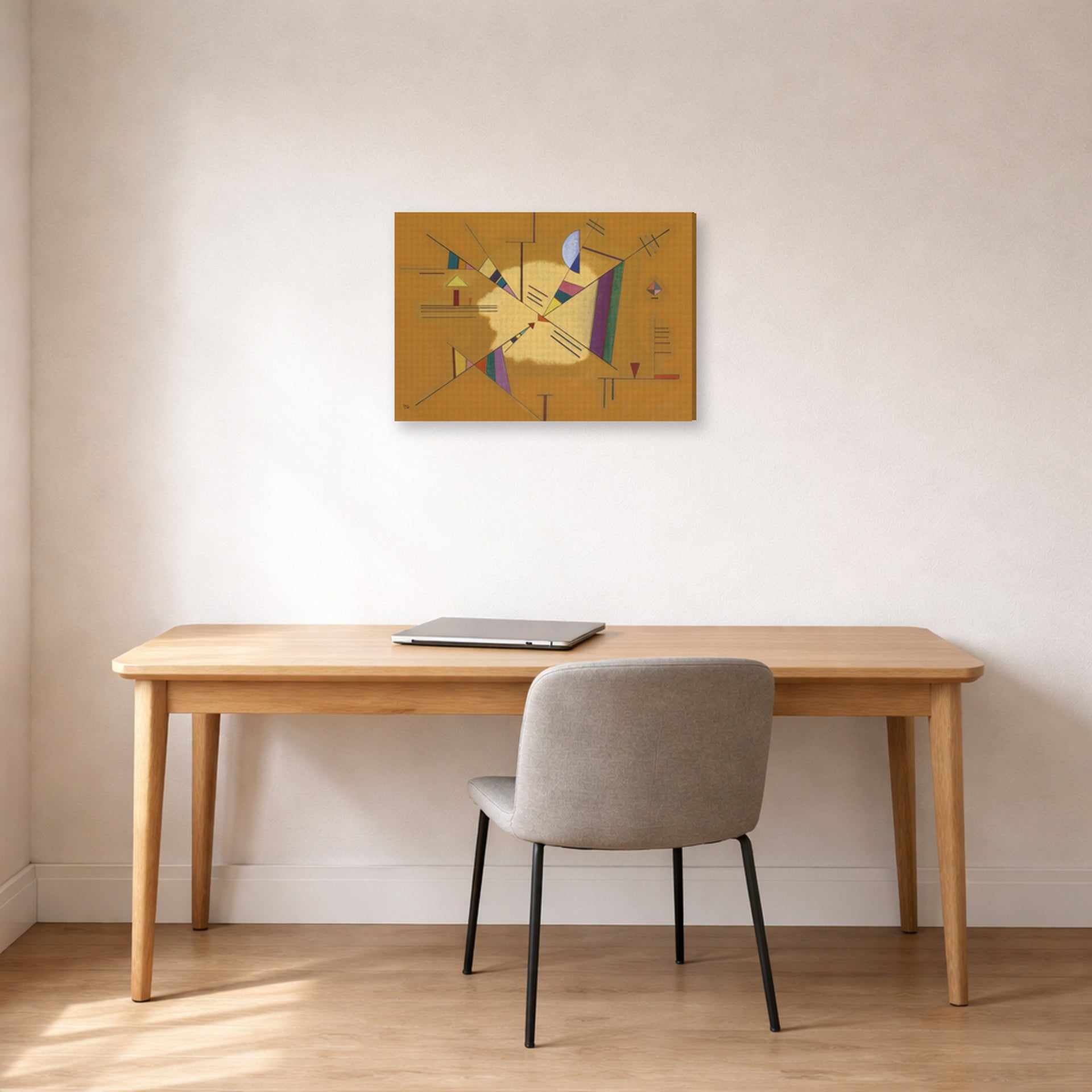 Gallery-wrapped canvas print of Wassily Kandinsky's Diagonale displayed on a wall in an office