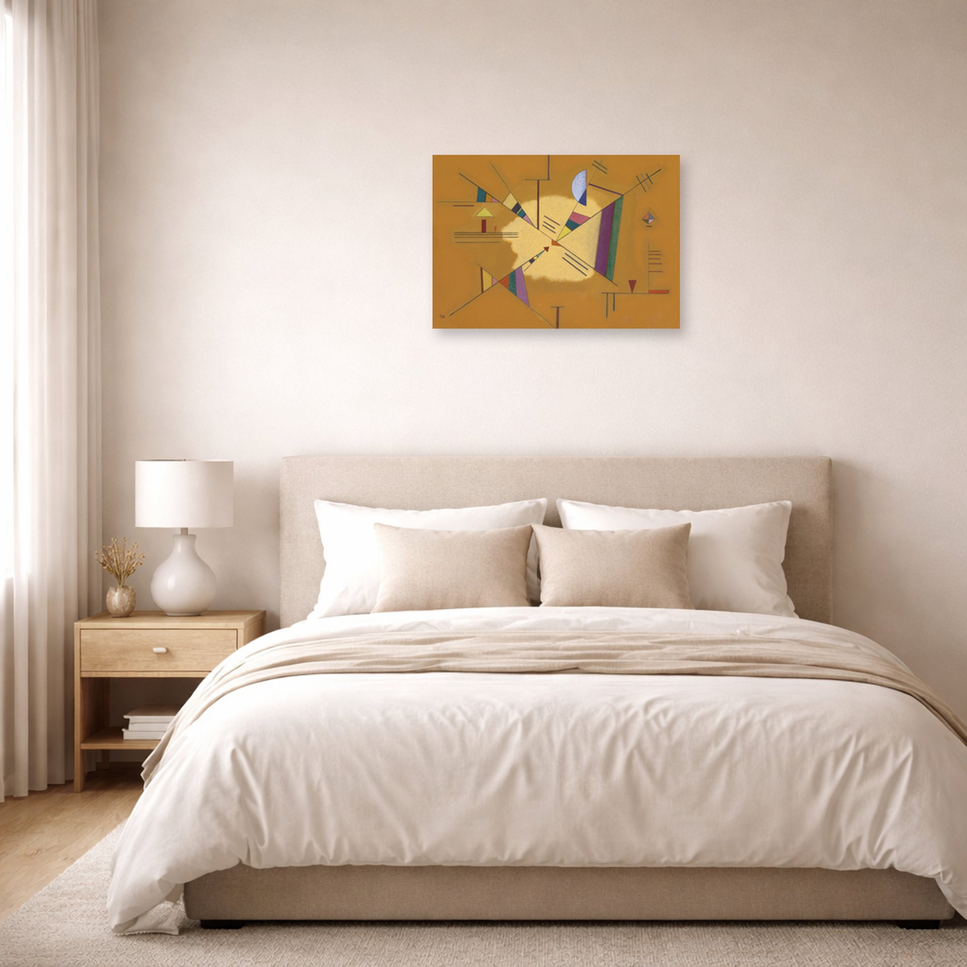 Unframed poster print of Wassily Kandinsky's Diagonale displayed on a wall in a bedroom