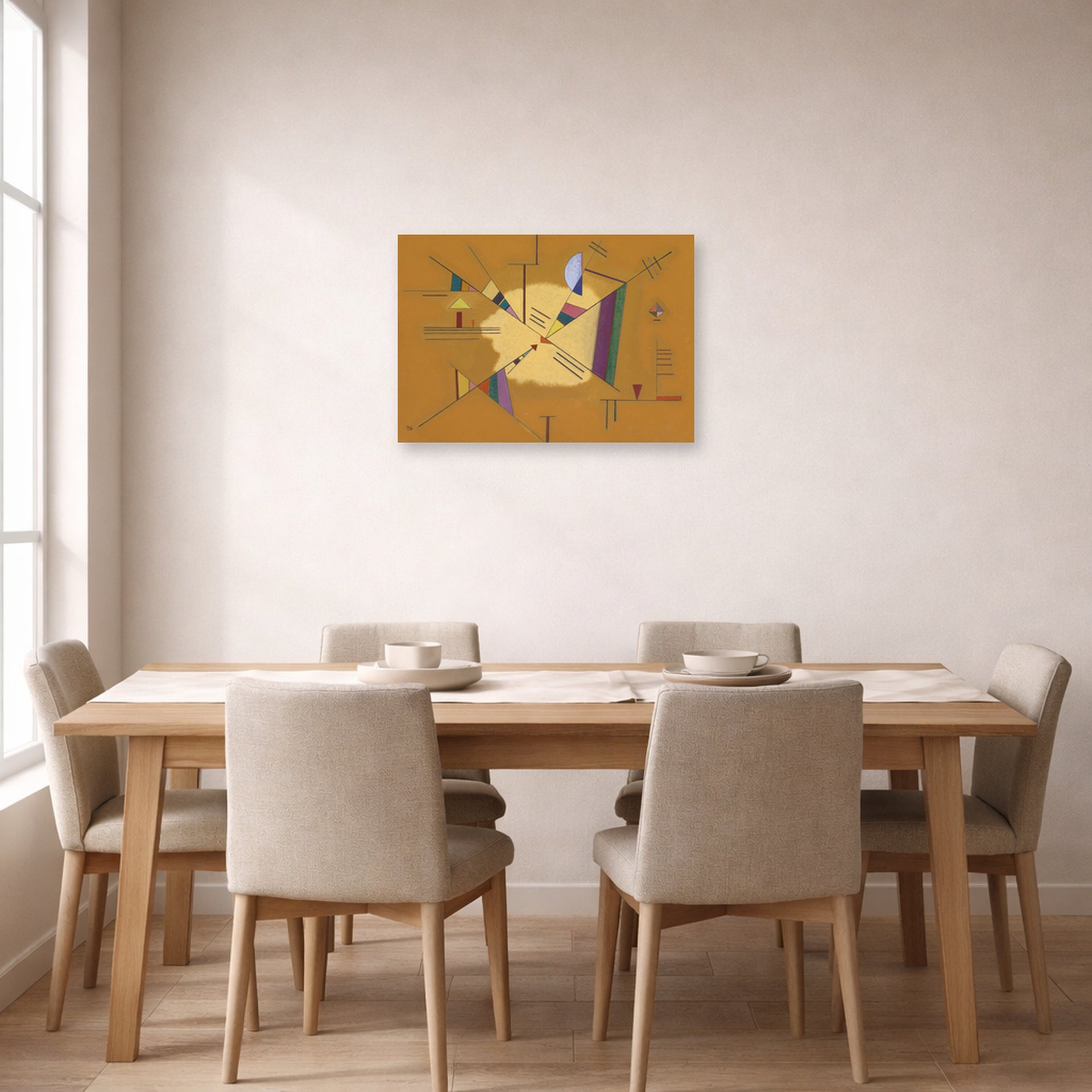 Unframed poster print of Wassily Kandinsky's Diagonale displayed on a wall in a dining room
