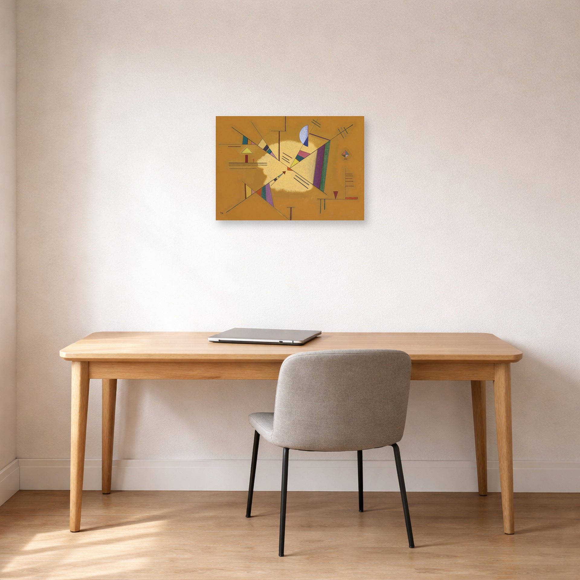 Unframed poster print of Wassily Kandinsky's Diagonale displayed on a wall in an office