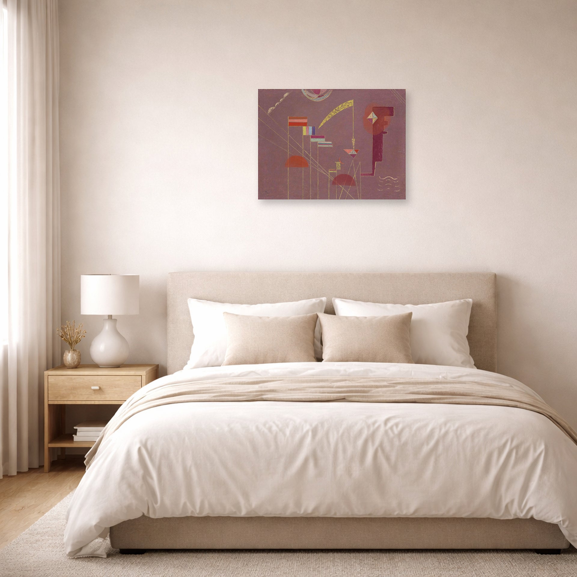 Unframed poster print of Wassily Kandinsky's Dicht displayed on a wall in a bedroom