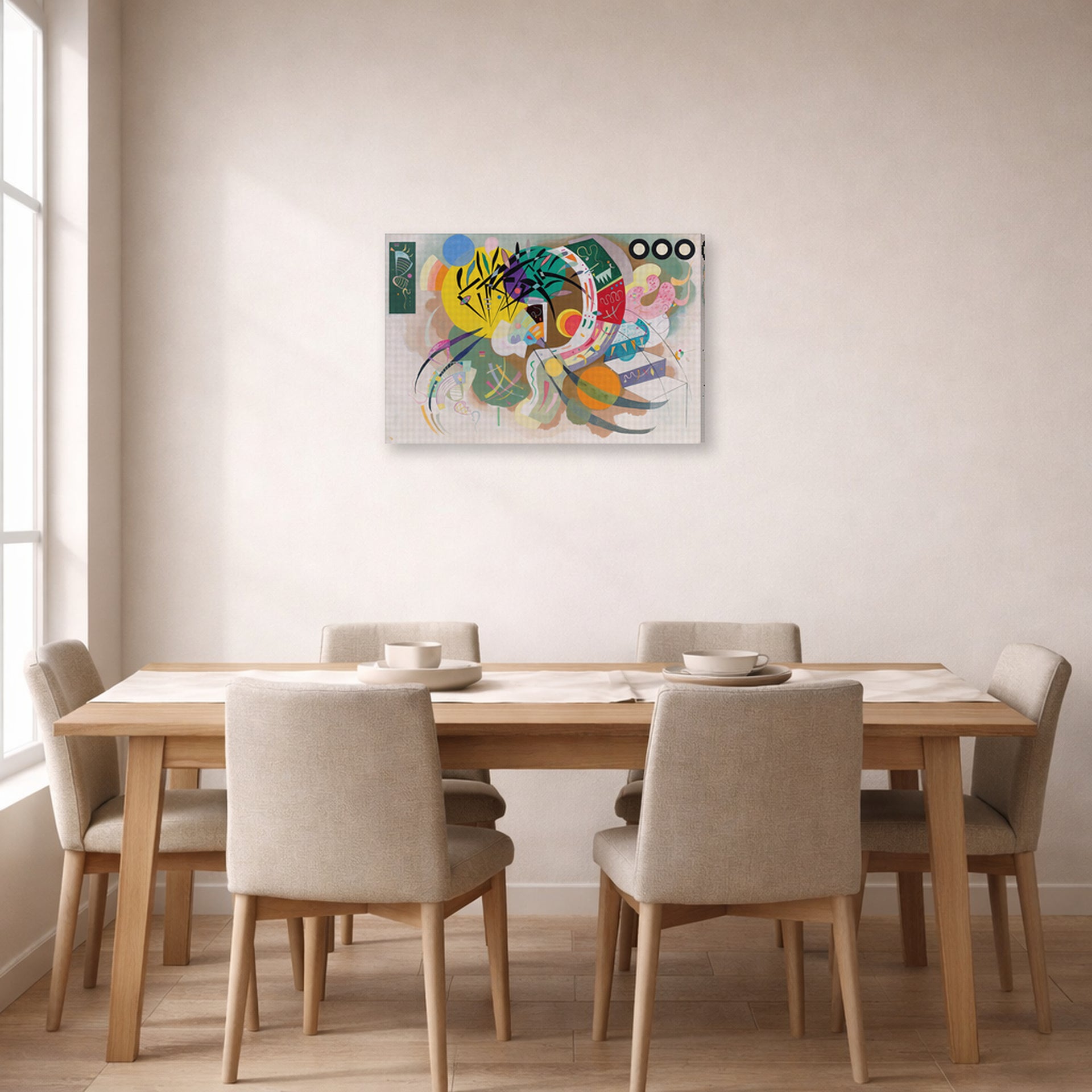 Gallery-wrapped canvas print of Wassily Kandinsky's Dominant Curve displayed on a wall in a dining room